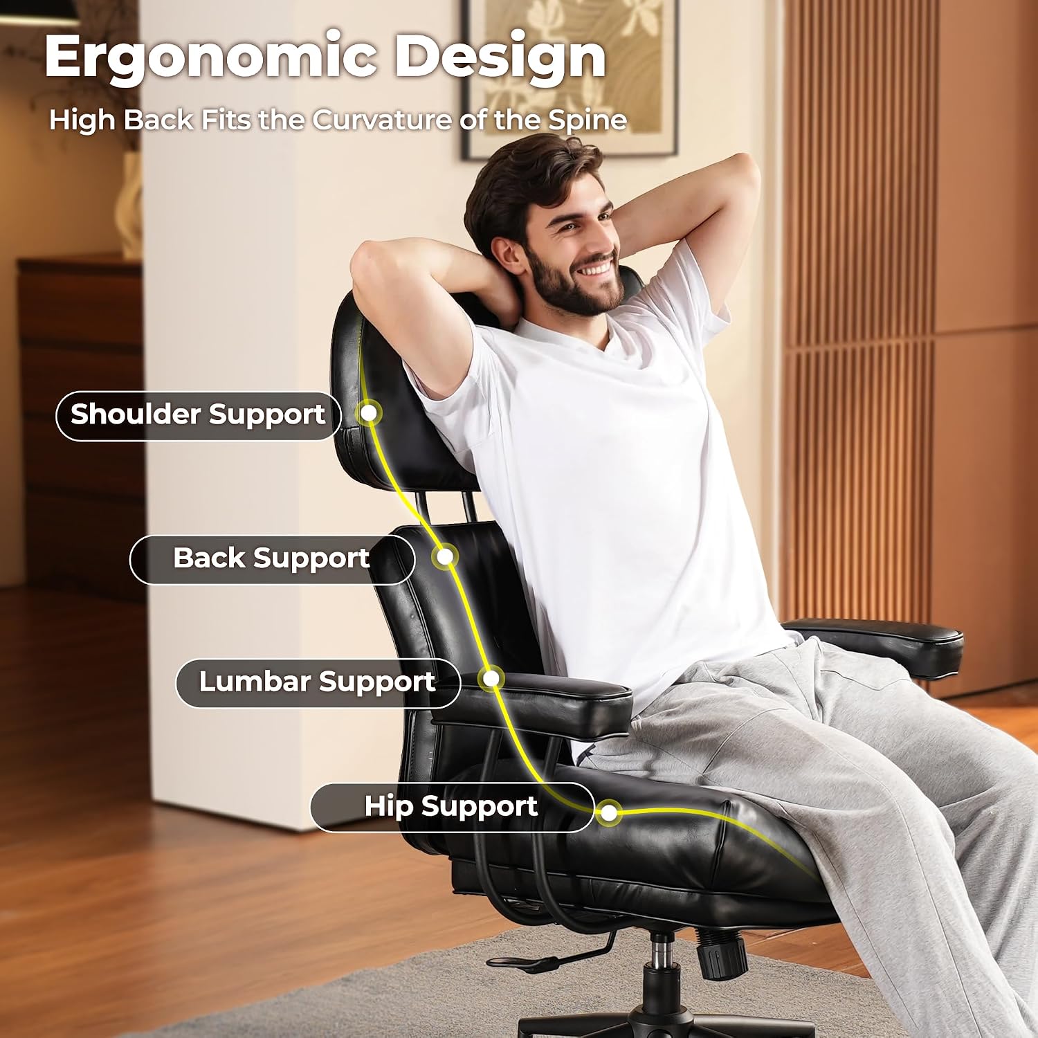 ovios Ergonomic Office Chair, High Back Faux Leather Executive Chairs with Thick Cushion, Comfy Mid-Century Modern Swivel Rolling Computer Armchair (Black, PU Leather)