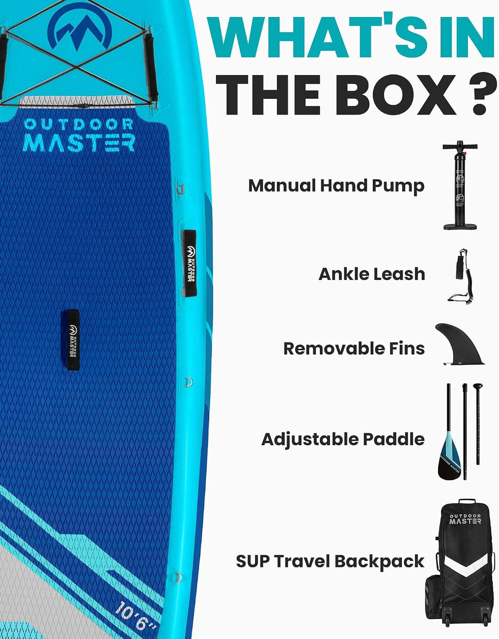 Inflatable Stand Up Paddle Board, Premium OutdoorMaster SUP Board Set with Backpack, Coil Leash, Pump, Paddle, Fins, Kayak Paddle Boards for Adults & Youth