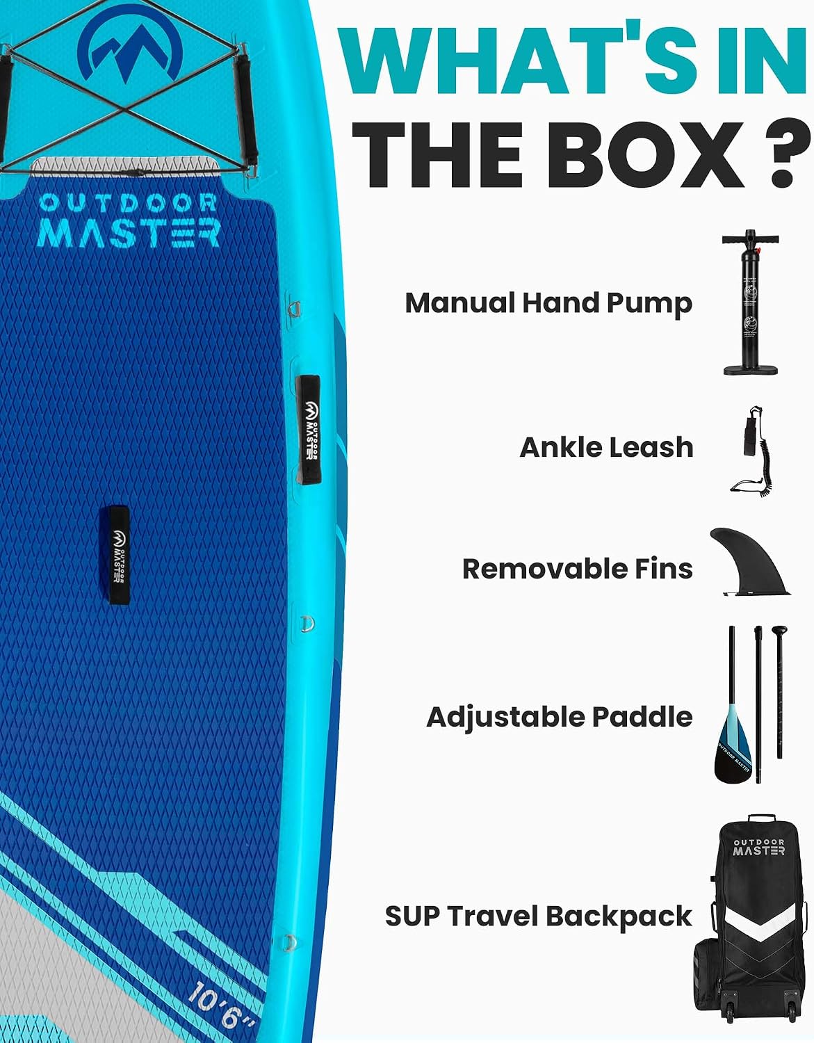 Inflatable Stand Up Paddle Board, Premium OutdoorMaster SUP Board Set with Backpack, Coil Leash, Pump, Paddle, Fins, Kayak Paddle Boards for Adults & Youth