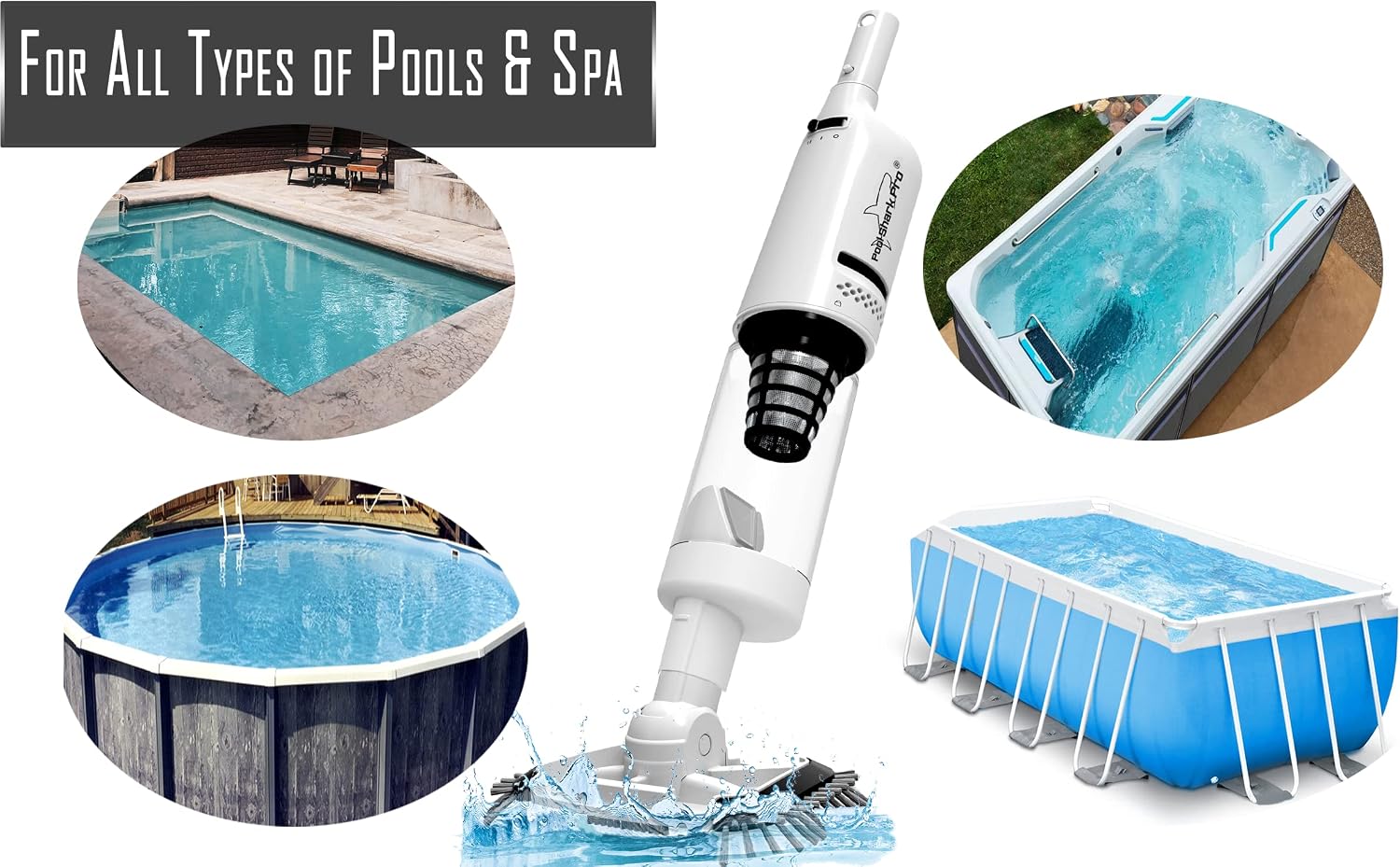 POOL SHARK Pro Cordless Pool Vacuum 1.5 Hours Strong Suction for Deep Pool Cleaning, Handheld Rechargeable Swimming Pool Cleaner with Roller and Heavy Duty Brushes for Inground and Above Ground Pools