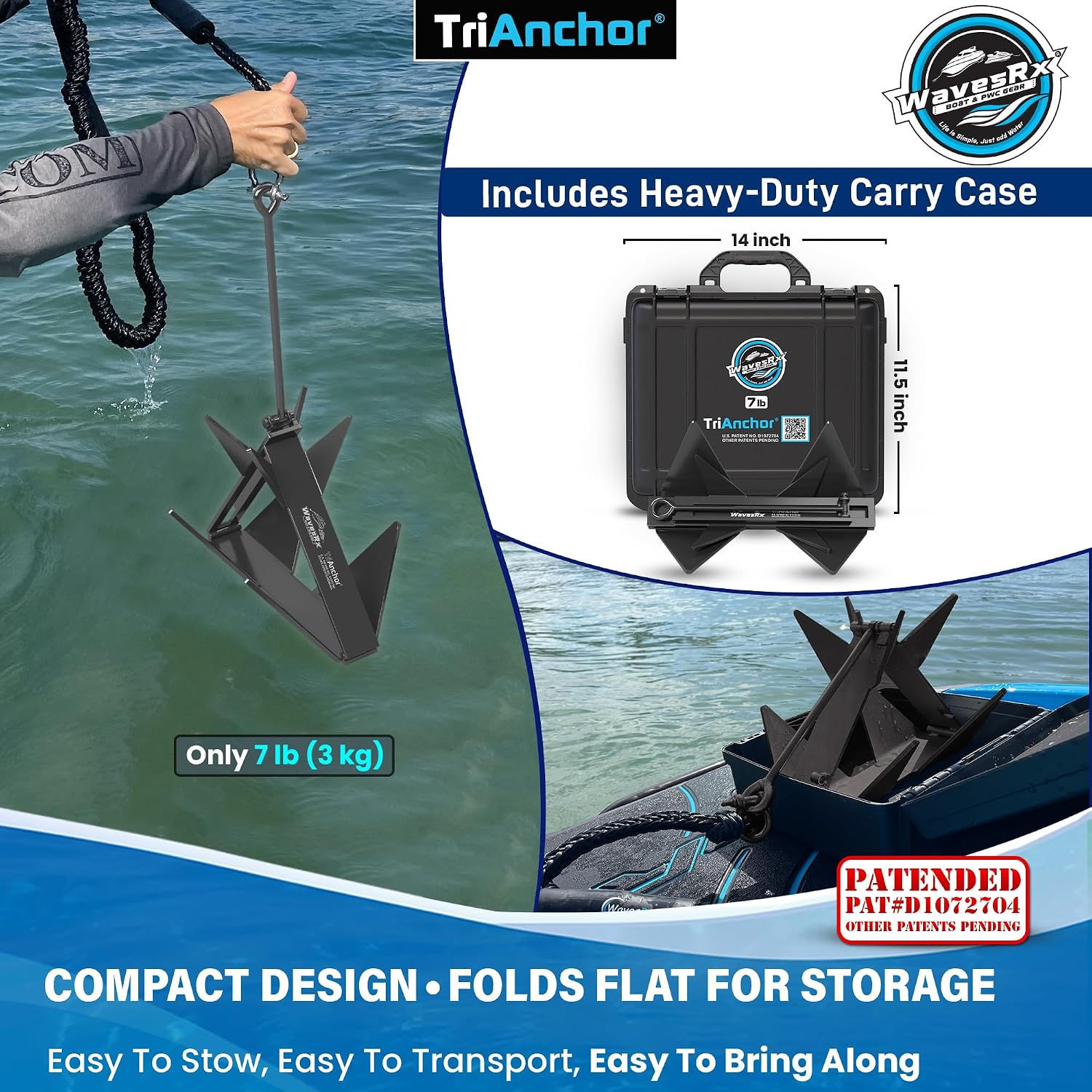 WAVESRX TriAnchor - Stainless Steel Folding PWC & Boat Anchor | Sets Instantly for Effortless Boat & Jet Ski Anchoring | Compact Patent-Pending Design Grips Better Than Plow, Fluke or Box Anchor