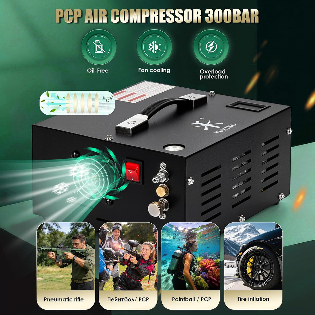 TUXING 4500Psi Pcp Air Compressor | 30Mpa 300Bar High Pressure Air Pump | Oil/Water-Free | Powered by Car 12V DC or Home 110V AC with Converter | Pump for PCP Air Rifle,Paintball Airguns