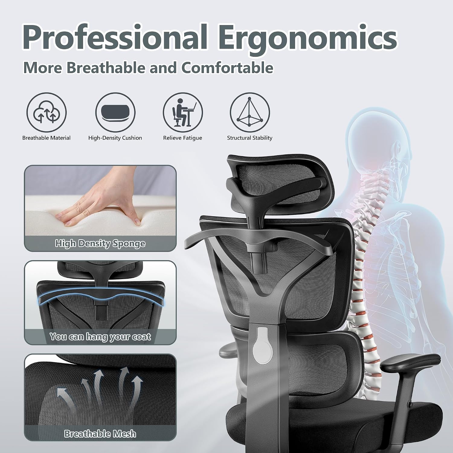 Winrise Office Chair Ergonomic Desk Chair, High Back Gaming Chair, Big and Tall Reclining Comfy Home Office Chair Lumbar Support Breathable Mesh Computer Chair Adjustable Armrests (Black)
