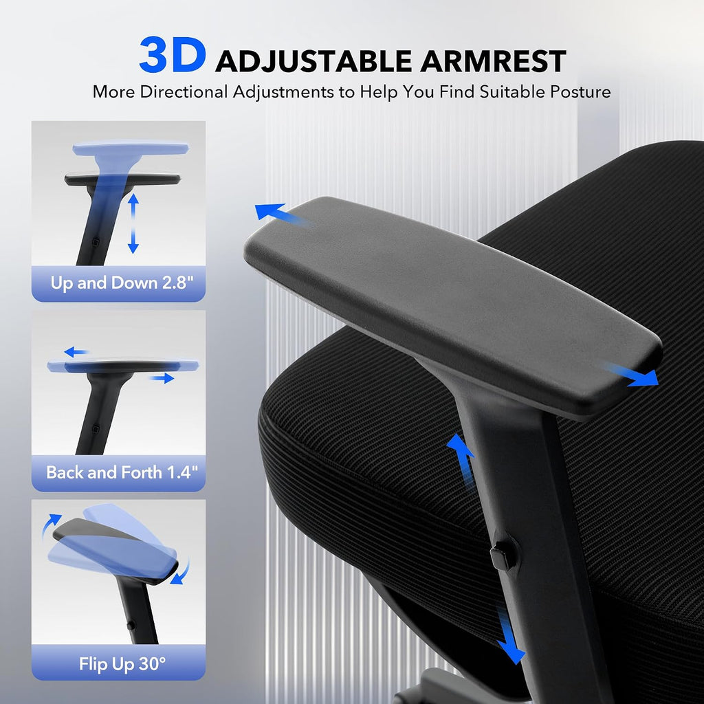 Office Chair Ergonomic Desk Chair - Home Mesh Chair with Adjustable Footrest Lumbar Support, High-Back Computer Gaming Chair with Headrest 3D Armrests, Rolling Swivel Task Chairs for Home, Office