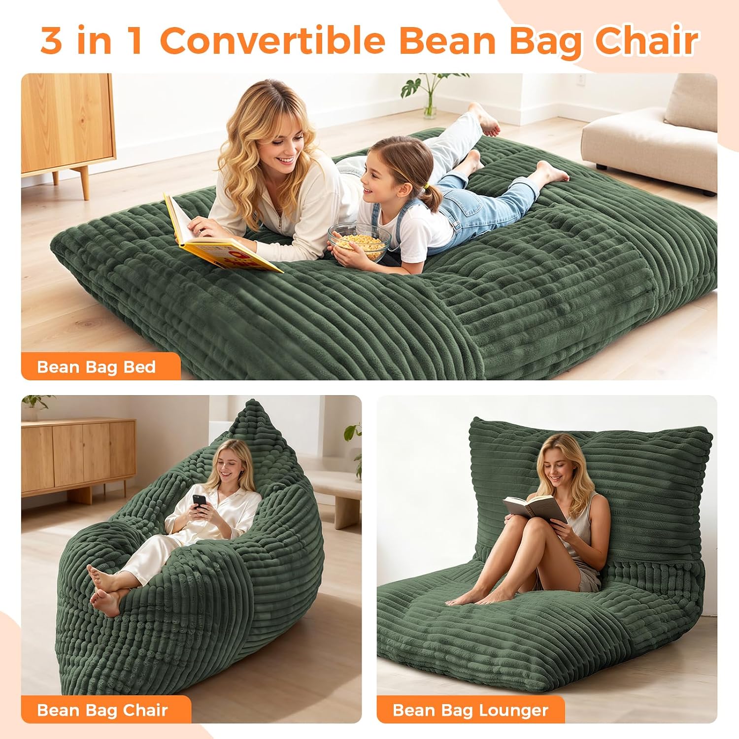 3 in 1 Giant Bean Bag Chair, Convertible Bean Bag Bed for Adults and Kids, Oversized Comfy Memory Foam Floor Sofa with Machine Washable Cover for Living Room, Bedroom & Dorm(Green)