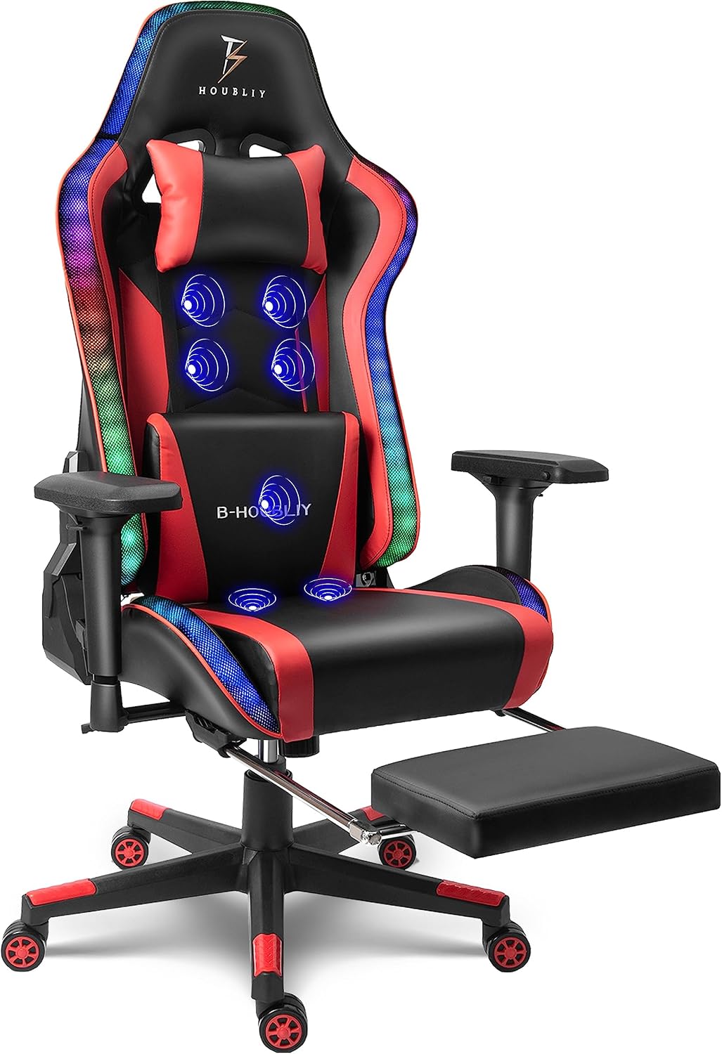Gaming Chair with Speakers, Ergonomic Massage PC Chair, Comfortable Computer Recliner with Footrest and Adjustable Lumbar Support, Video Gaming Chair for Adult Kids.,Red