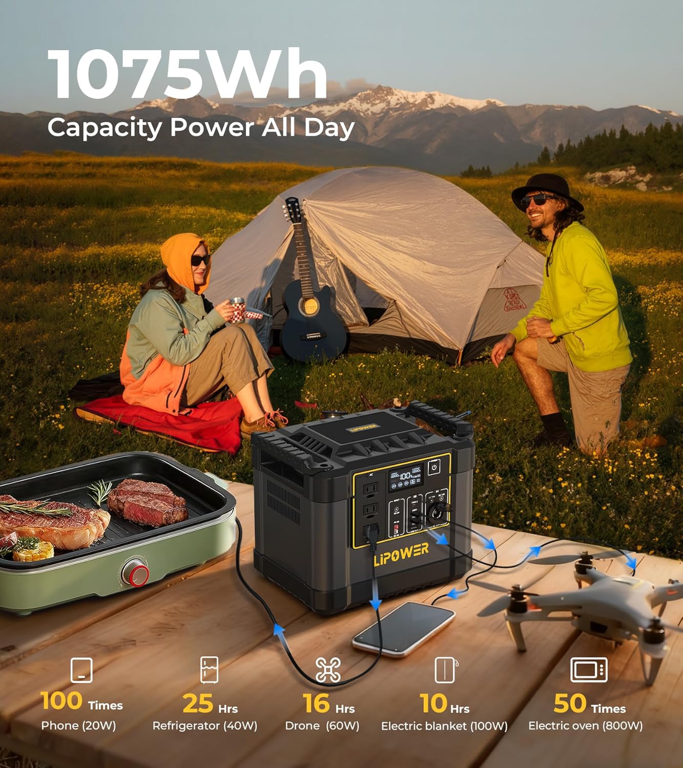 Lipower 1075Wh Portable Power Station with 100W Foldable Solar Panel,1200W Solar Generator, IP54Waterproof ETFE Solar Charger for Outdoor Camping RV Home Emergency
