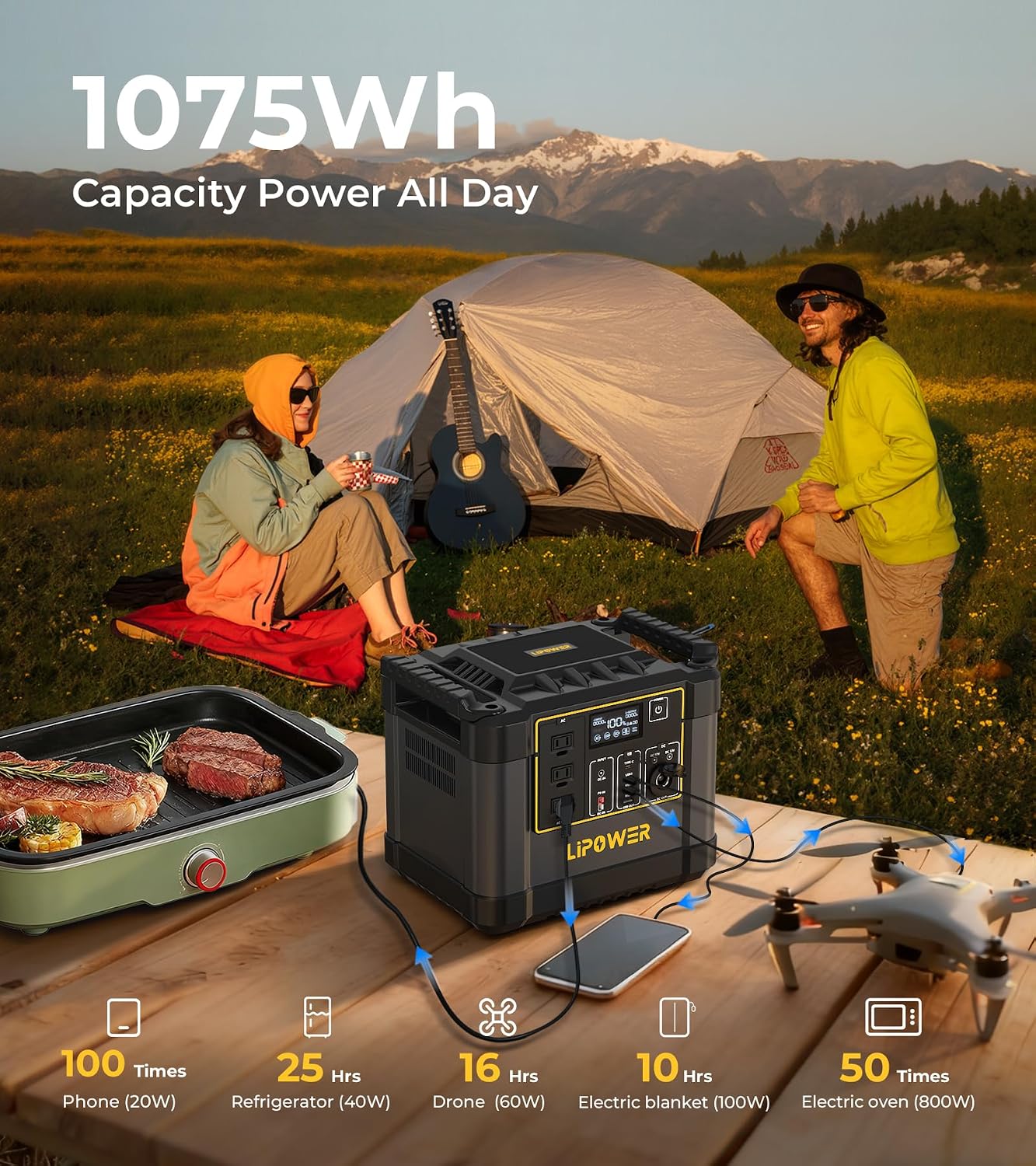 Lipower 200W Foldable Solar Panel with 1075Wh with Portable Power Station,1200W Solar Generator, IP68 Waterproof ETFE Solar Charger for Outdoor Camping RV Home Emergency