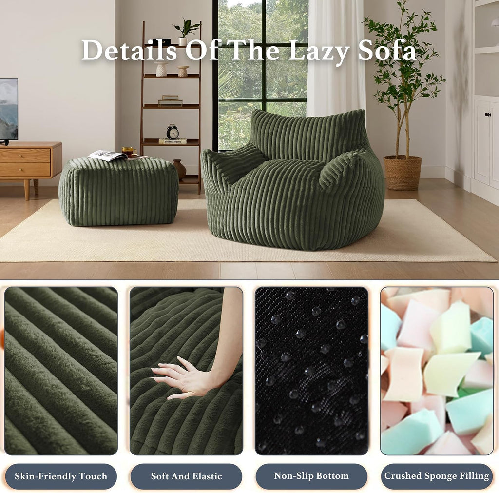 Gericco Oversized Bean Bag Chaise Lounge Chair Indoor for Adults with Armrests & Ottoman - Giant Comfy Green Beanbag Lazy Floor Sofa Cloud Accent Chair for Reading, Gaming, Cozy Plush Cloud Mini Couch