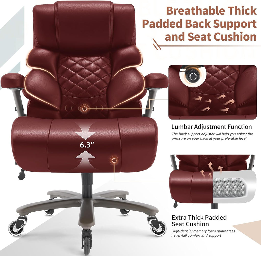 VUZI 700lbs Big and Tall Office Chair-Large Computer Chair with Adjustable Lumbar Support 3D Flip Arms Plus Size Wheels, High Back Executive Desk Chair, Heavy Duty Metal Base, Thick Padded Wide Seat