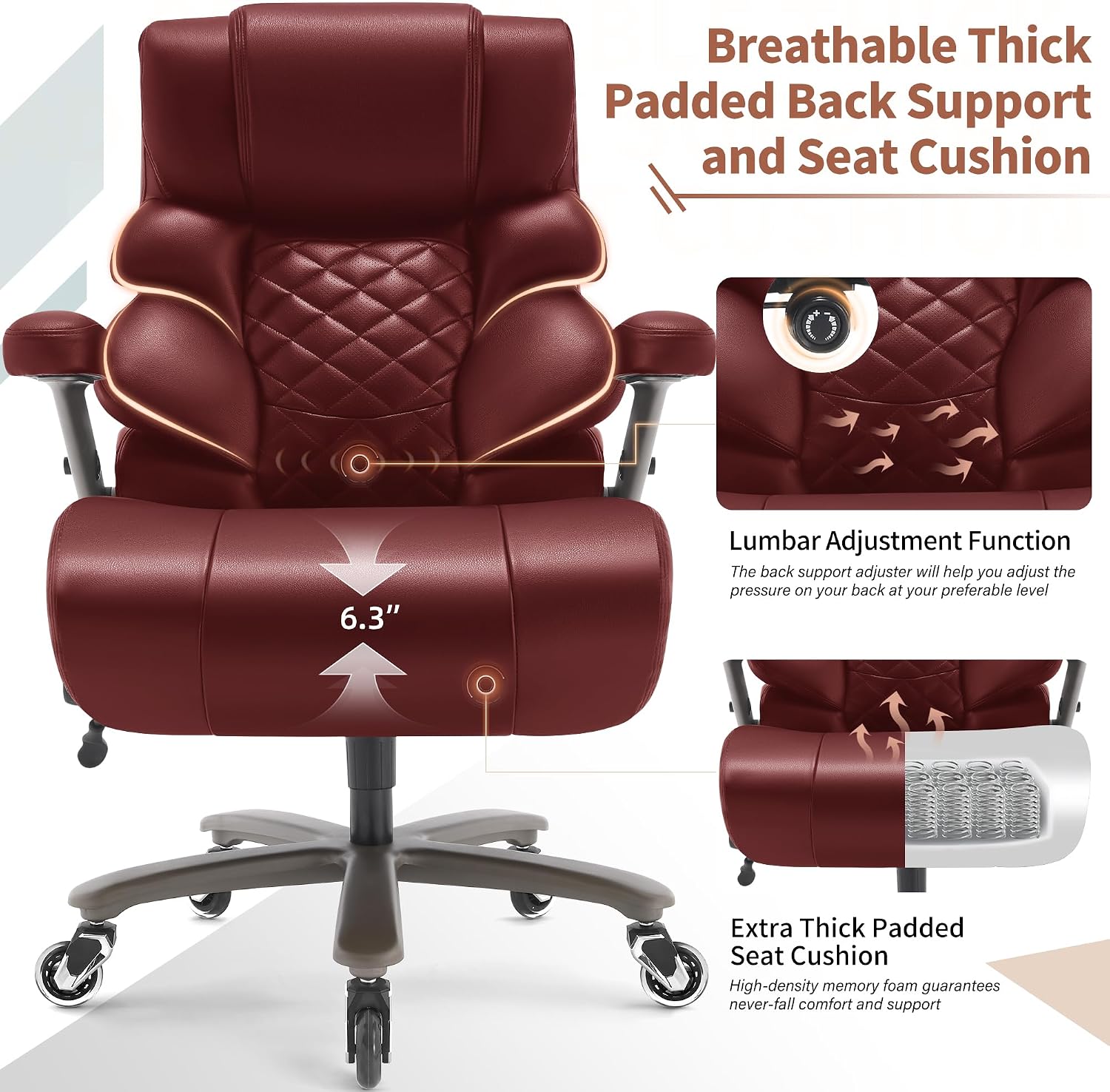 VUZI 700lbs Big and Tall Office Chair-Large Computer Chair with Adjustable Lumbar Support 3D Flip Arms Plus Size Wheels, High Back Executive Desk Chair, Heavy Duty Metal Base, Thick Padded Wide Seat