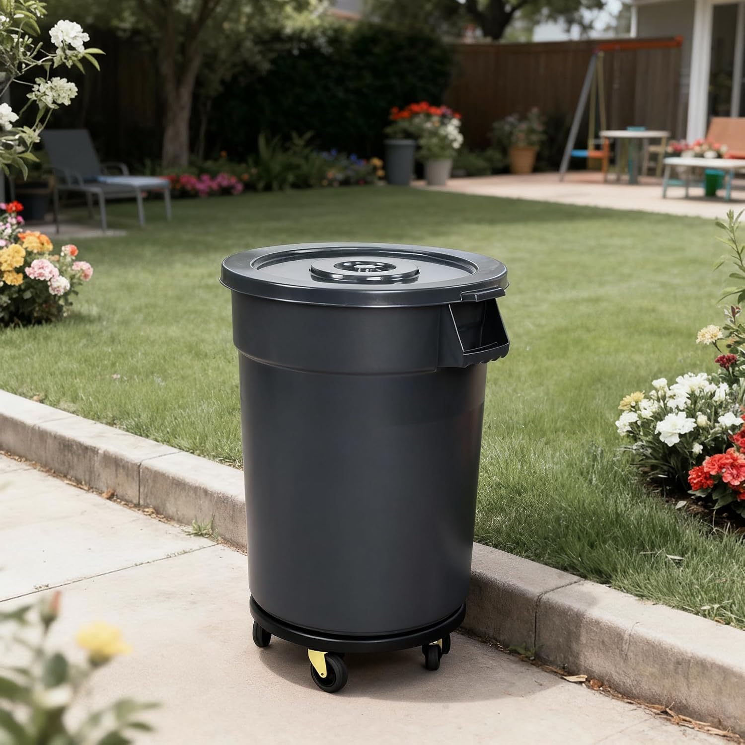 32 Gallon Trash Can with Wheels and Lid, Multi-Purpose Outdoor Container for Yard Waste, Water Storage, Garage Organization, Detachable Rolling Base