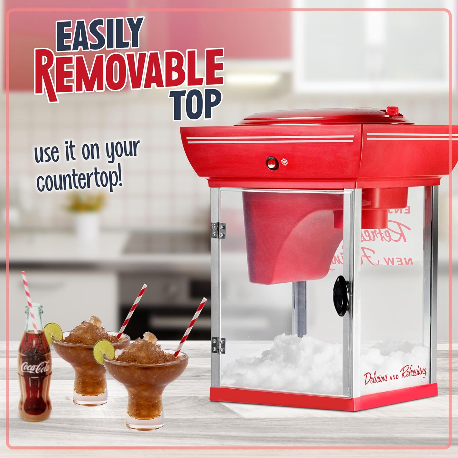 Nostalgia Coca-Cola 48-Inch Tall Snow Cone Cart, Makes 48 Icy Treats, Includes Metal Scoop, Storage Compartment, Wheels For Easy Mobility – Coke Red
