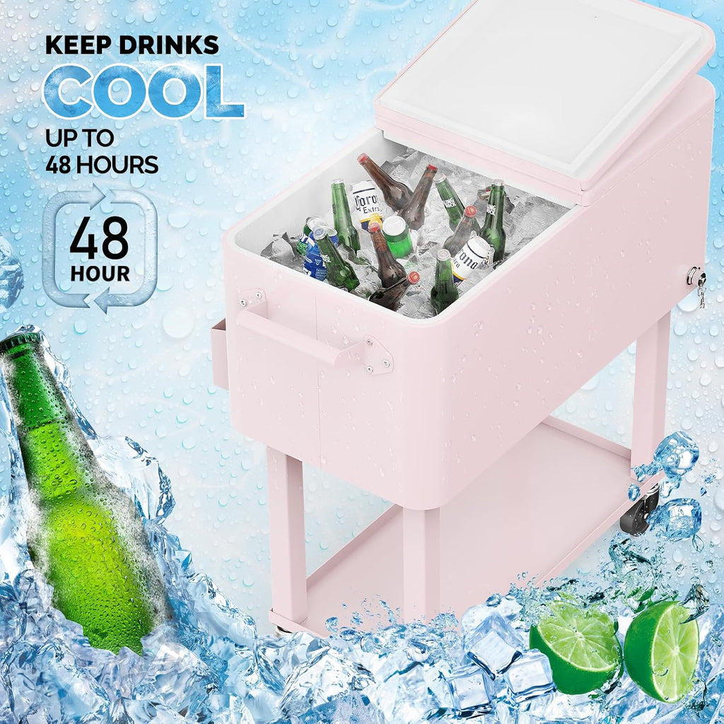 VINGLI Rolling Ice Chest, Portable Patio Party Bar Drink Cooler Cart, with Shelf, Beverage Pool with Bottle Opener