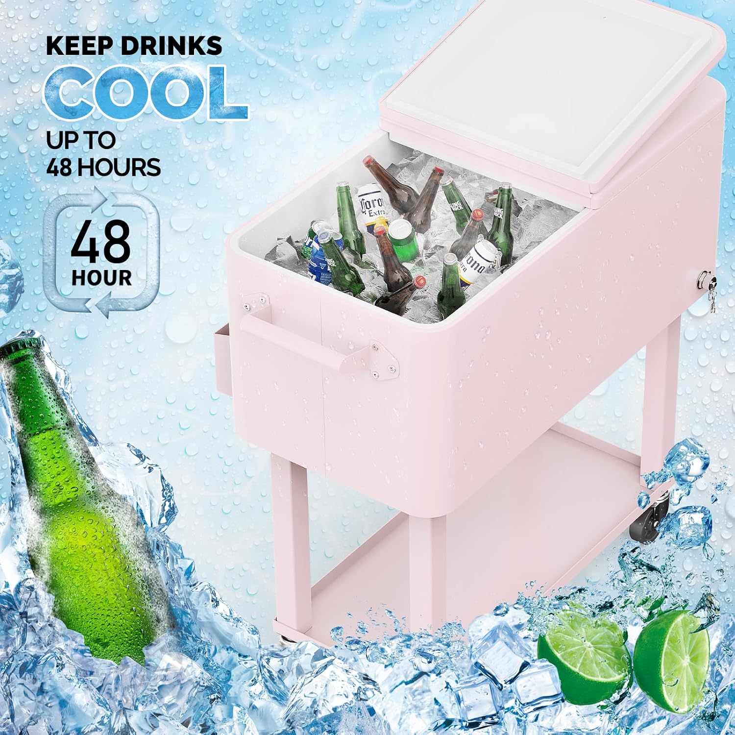 VINGLI Rolling Ice Chest, Portable Patio Party Bar Drink Cooler Cart, with Shelf, Beverage Pool with Bottle Opener