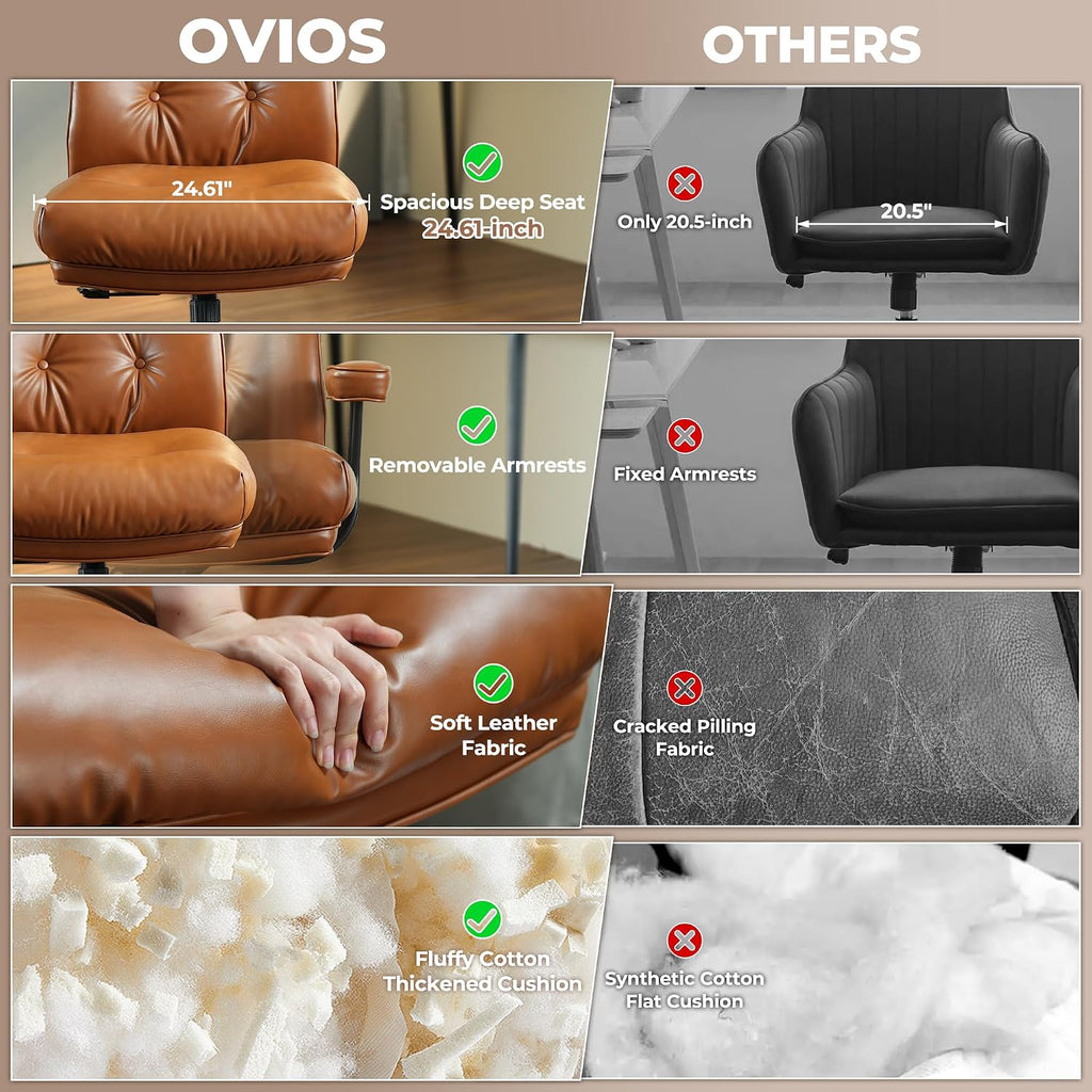ovios Ergonomic Office Chair, High Back Faux Leather Executive Chairs with Thick Cushion, Comfy Mid-Century Modern Swivel Rolling Computer Armchair (Brown, PU Leather)