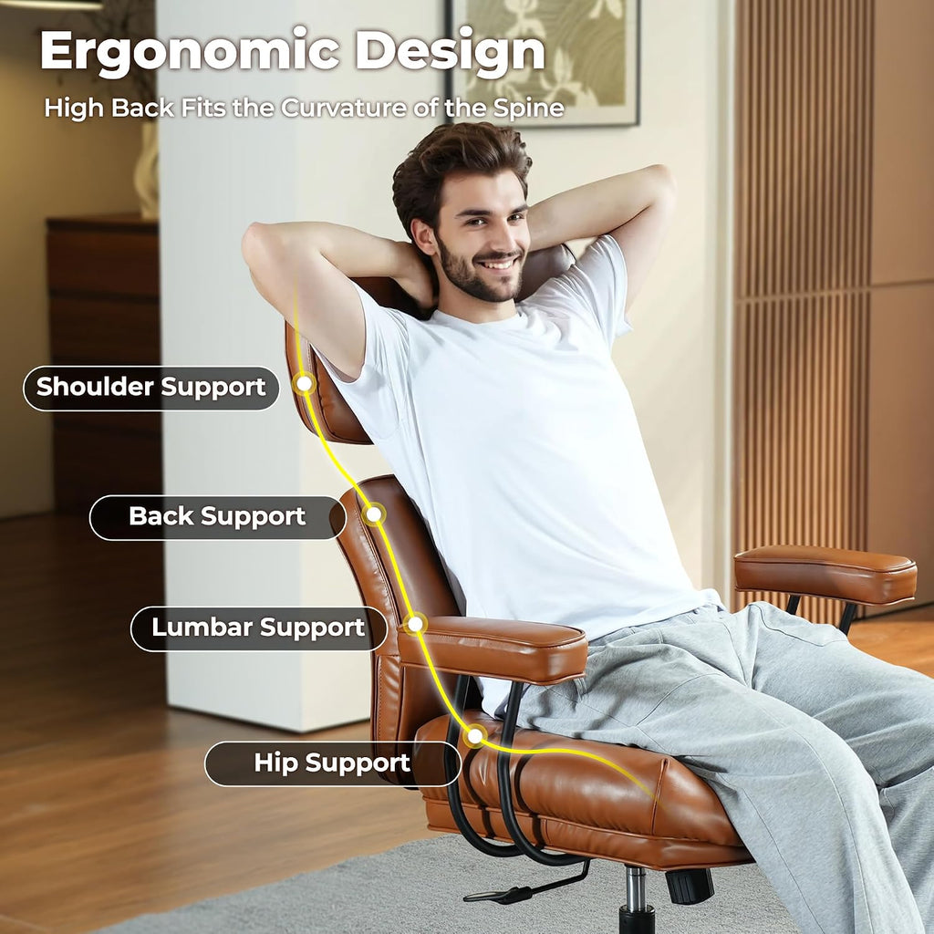 ovios Ergonomic Office Chair, High Back Faux Leather Executive Chairs with Thick Cushion, Comfy Mid-Century Modern Swivel Rolling Computer Armchair (Brown, PU Leather)