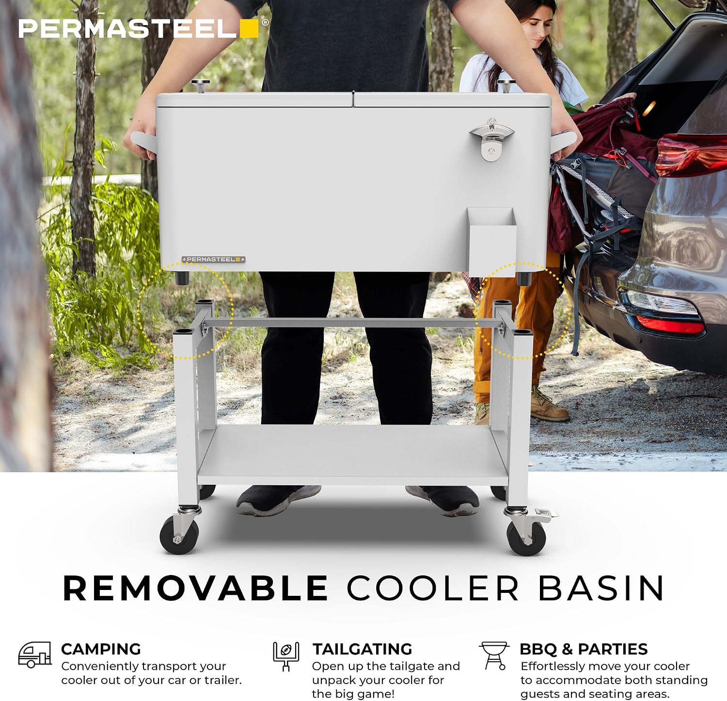 Permasteel 80-Qt Outdoor Patio Cooler with Removable Basin, Outside Beverage Cooler Cart, Rolling Cooler with Wheels and Handles, White