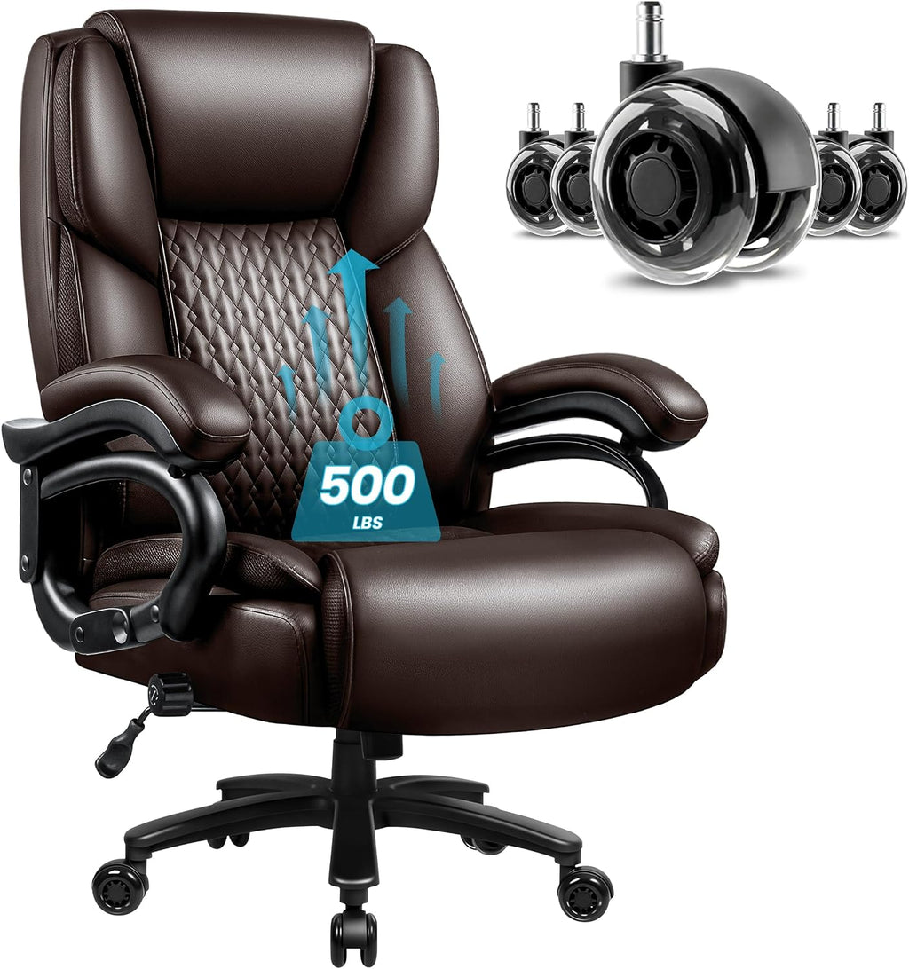 X-Large Office Chair 500 Lbs Capacity, Ergonomic PU Leather Executive Chair with Lumbar Support & Quiet Rubber Wheels, Comfy Heavy Duty Desk Chairs for Heavy People, Brown