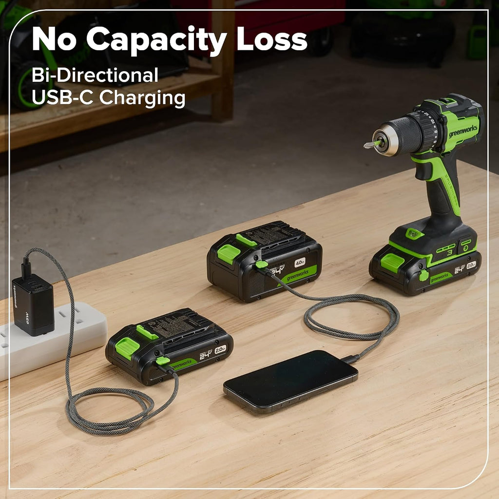 Greenworks 24V Cordless Brushless 400 in-lbs Drill/Driver+1950 in-lbs Impact Driver Combo,High Torque, Lightweight, (2) 2.0Ah USB-C Batteries(12,000mAh Power Bank) and 65W USB-C Fast Charger(3-Port)