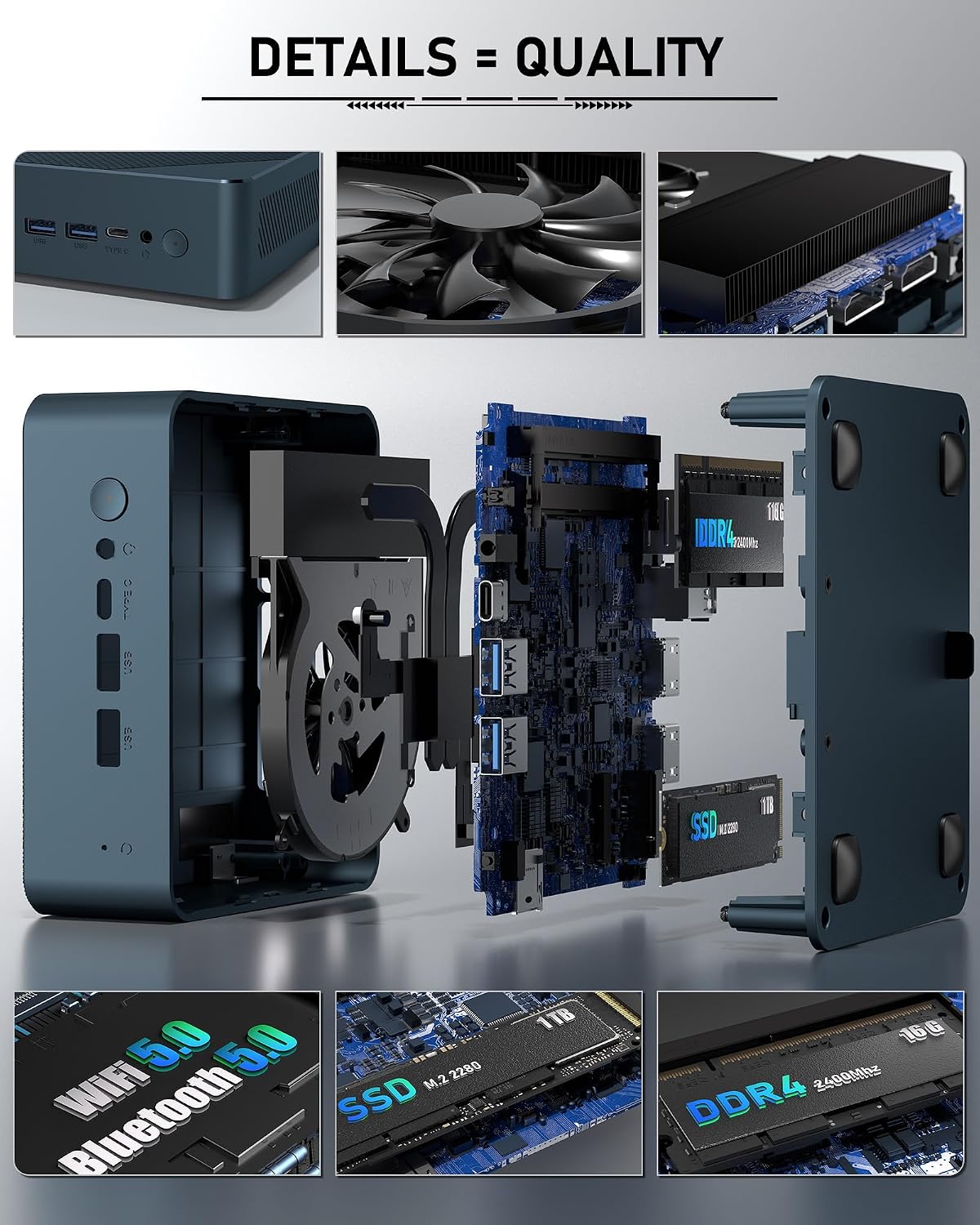 Getorli Mini PC, AMD Ryzen 5 3550H（Max 3.7GHz） 16GB DDR4 1TB SSD，Mini Desktop Computer Support 4K@60Hz Dual HDMI/USB-C/WiFi 5/BT5.0 for Home Office, Business & Light Gaming