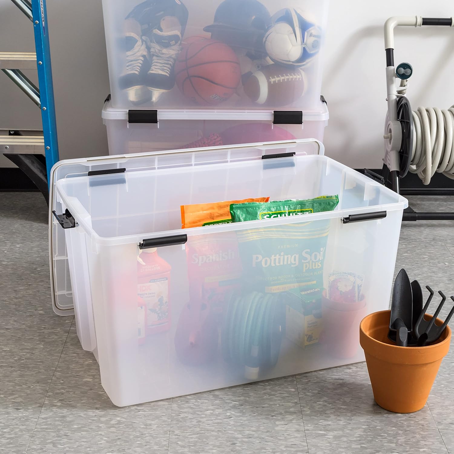 IRIS USA WeatherPro 156 Qt Storage Bins with Lids, 3 Pack, BPA-Free Plastic Gasket Box with Tight Latch and Seal, Stackable Nestable Tote Tub - Clear/Black