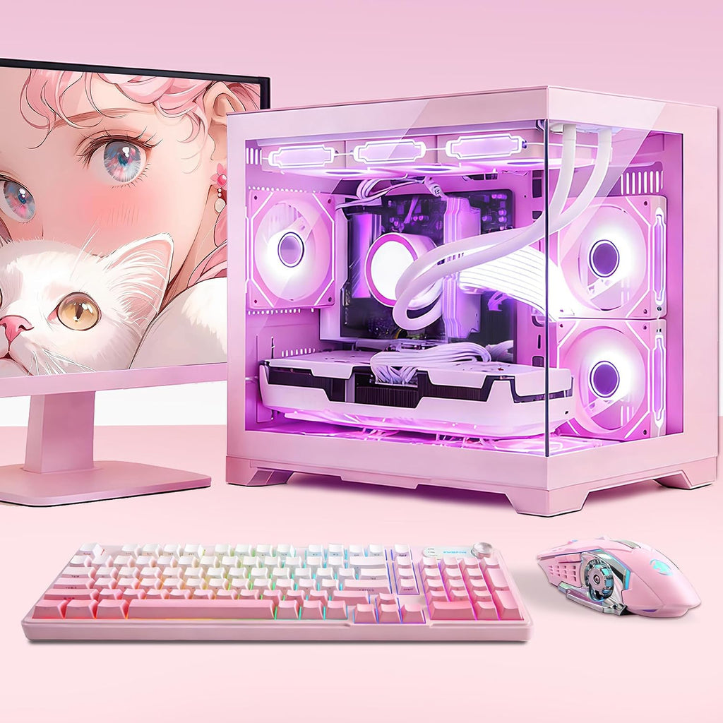 Ocean Park Pink Gaming PC Gamer Desktop Computer W/KB & Mouse, AMD Ryzen 5 9600X 6-Core 3.9GHz, RTX 5060 8GB, 32GB DDR5, 1TB PCIe SSD, 850W PSU, Fusion 2.0 APP RGB Fan Control, Win 11