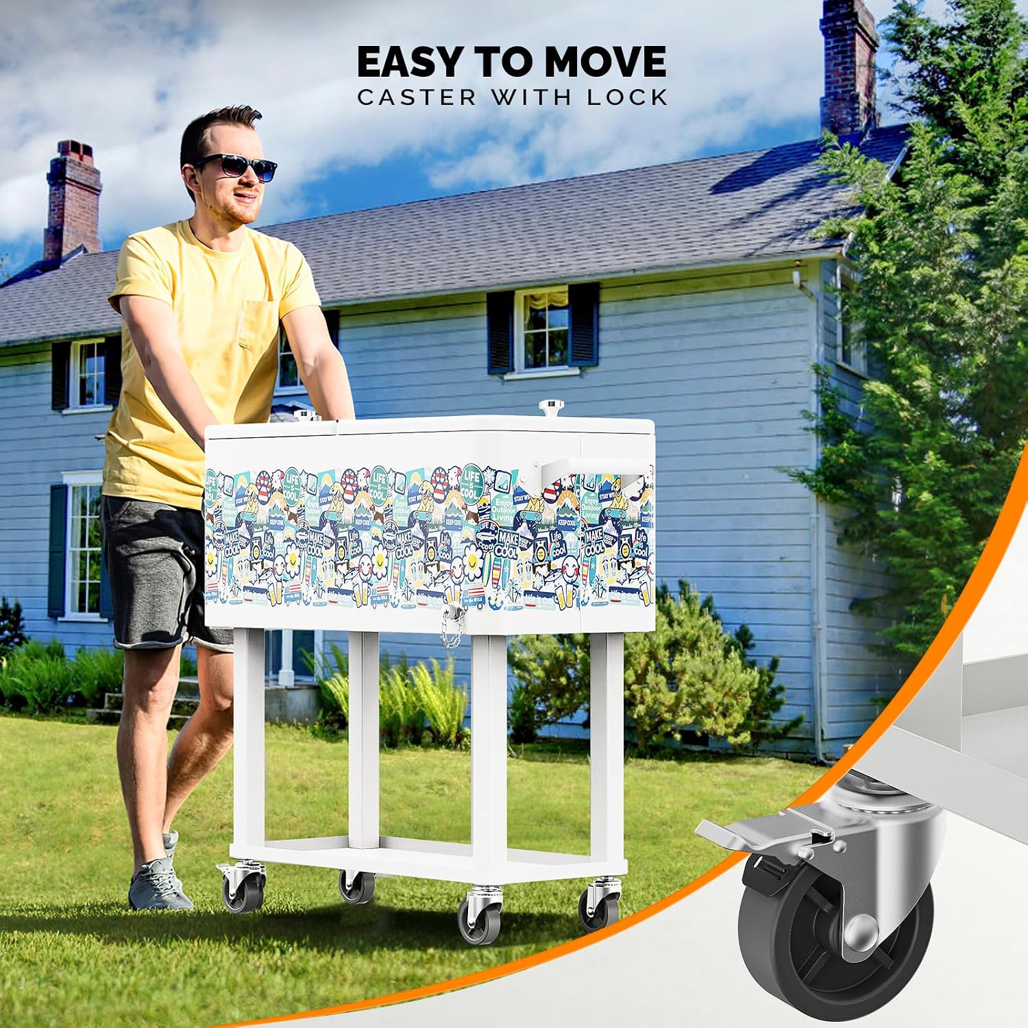VINGLI Rolling Ice Chest, Portable Patio Party Bar Drink Cooler Cart, with Shelf, Beverage Pool with Bottle Opener