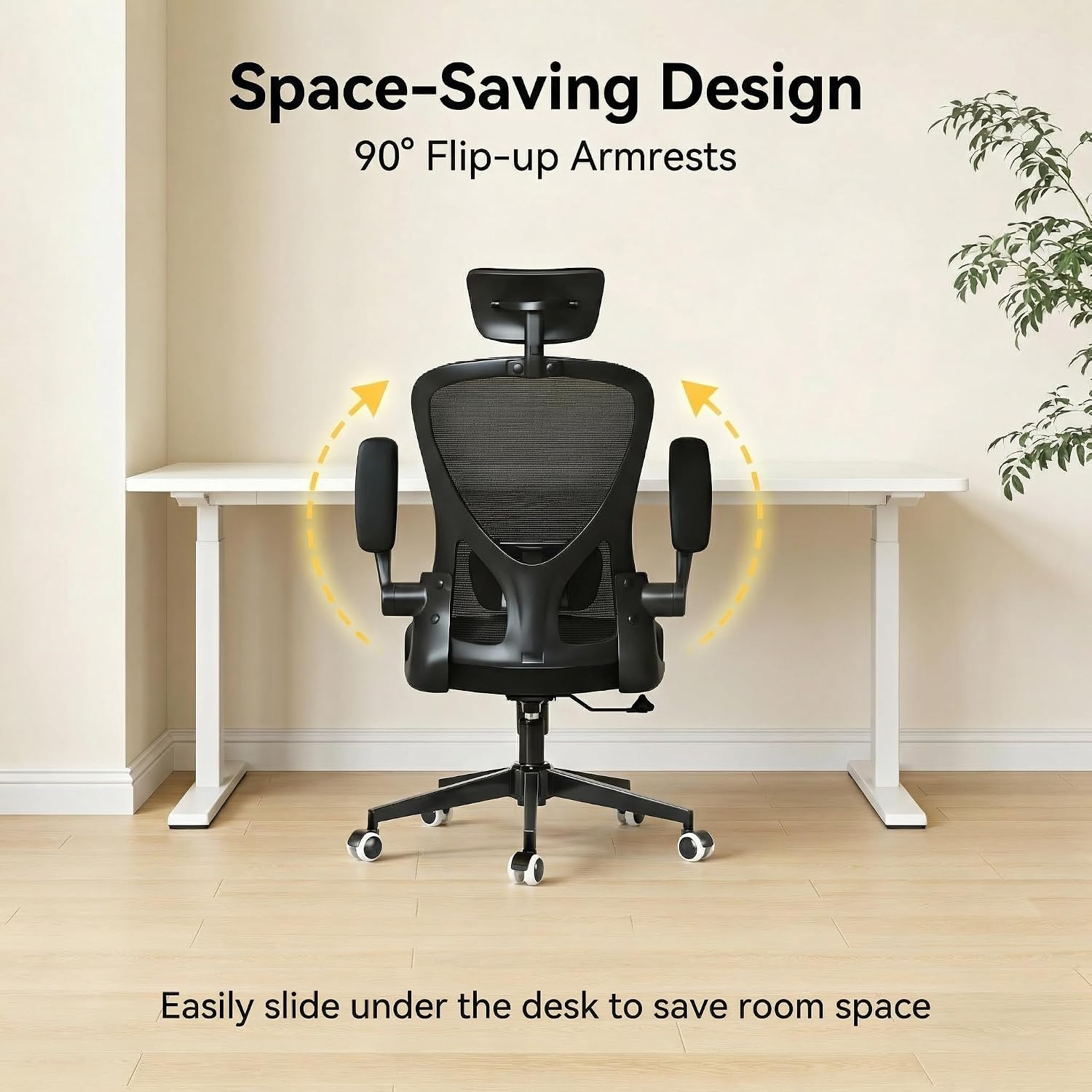 Office Chair with Adjustable Lumbar Support & Flip-Up Armrests -Ergonomic High Back Computer Desk Chair with Thickened Seat Cushion, Rolling Wheels for Home/Office Study Work (02H-Black)