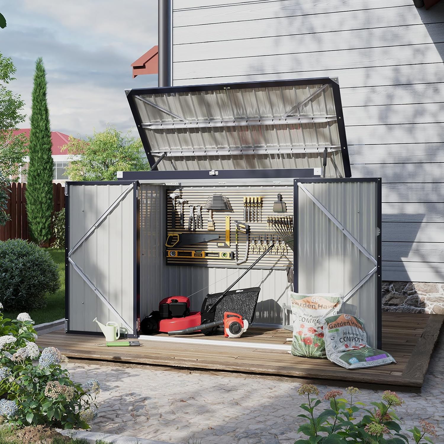 oneinmil Outdoor Storage Shed 5 x 3 FT, Horizontal Metal Shed with Lockable Doors, Waterproof Storage Cabinet with Lid Chain for Trash Can, Toys, Weeding Tools, for Garden, Backyard, Patio