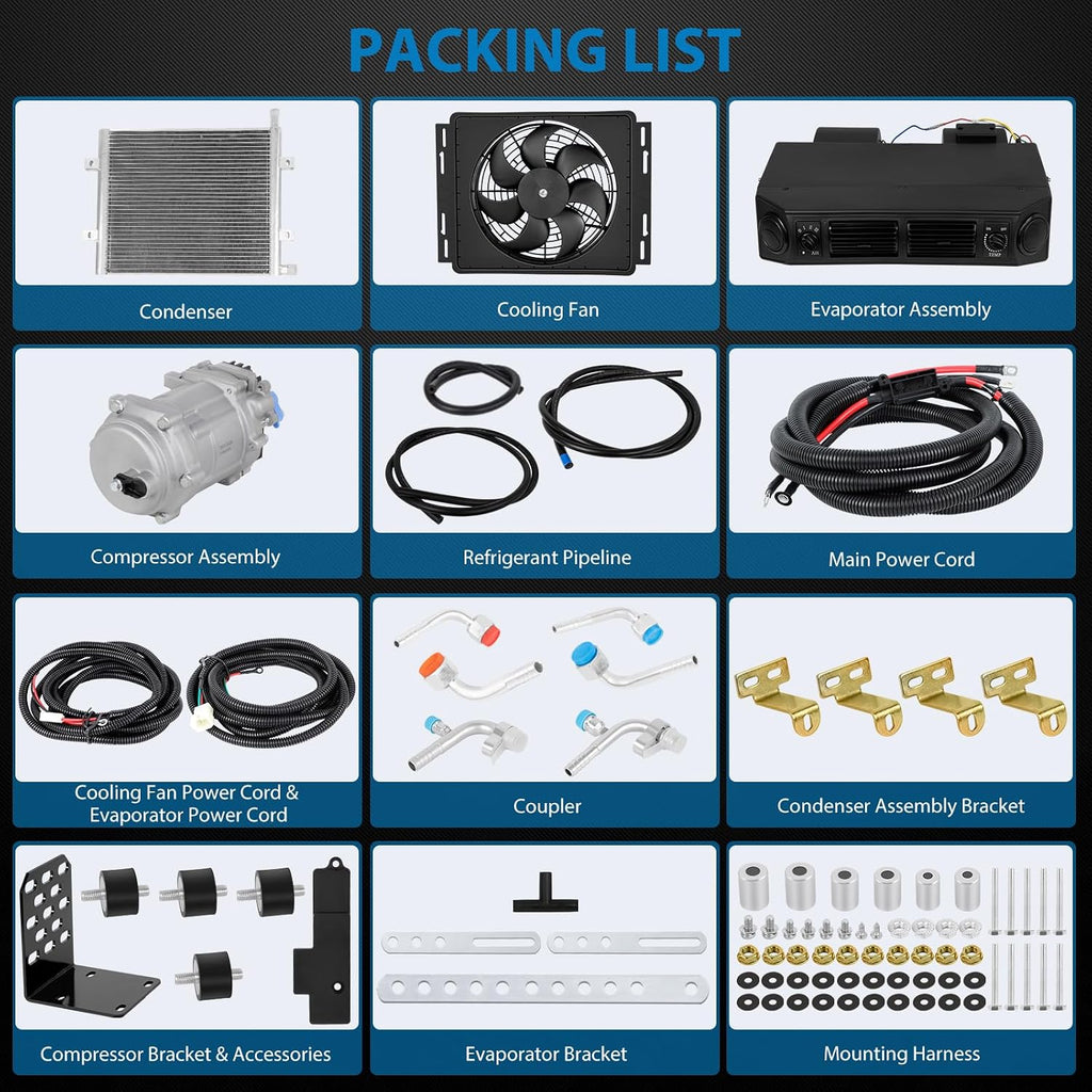 Universal Under Dash Electric Air Conditioner Heating and Cooling 12 Volt DC 10000 BTU A/C Unit Kit, AC Heater System with Evaporator Condenser Compressor for Car RV Van Truck ATV Pickup Tractor