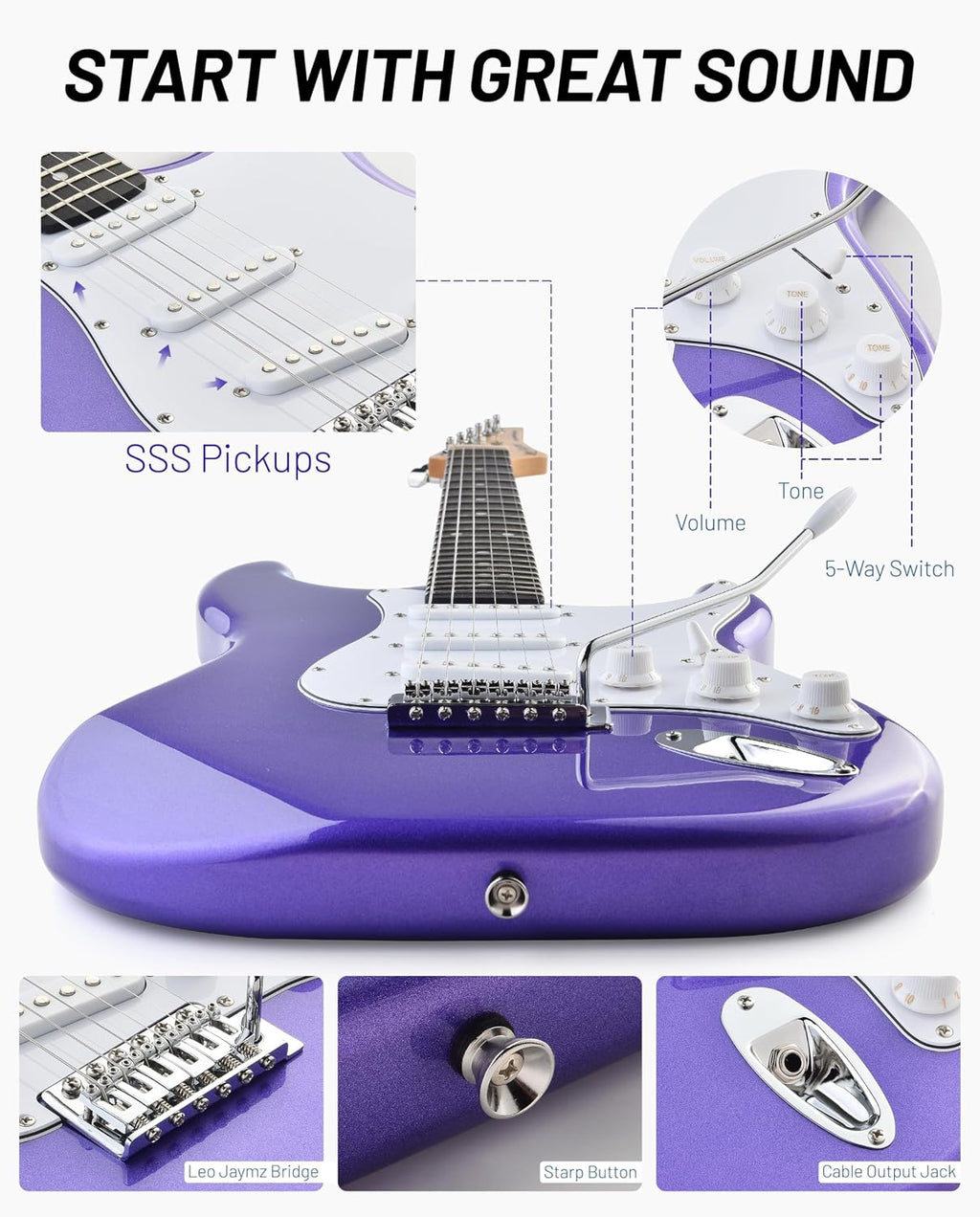 Leo Jaymz Beginner Electric Guitar Complete Kit with Portable Amp, Padded Gig Bag & Full Accessories, Maple Neck SSS Pickups(Purple)