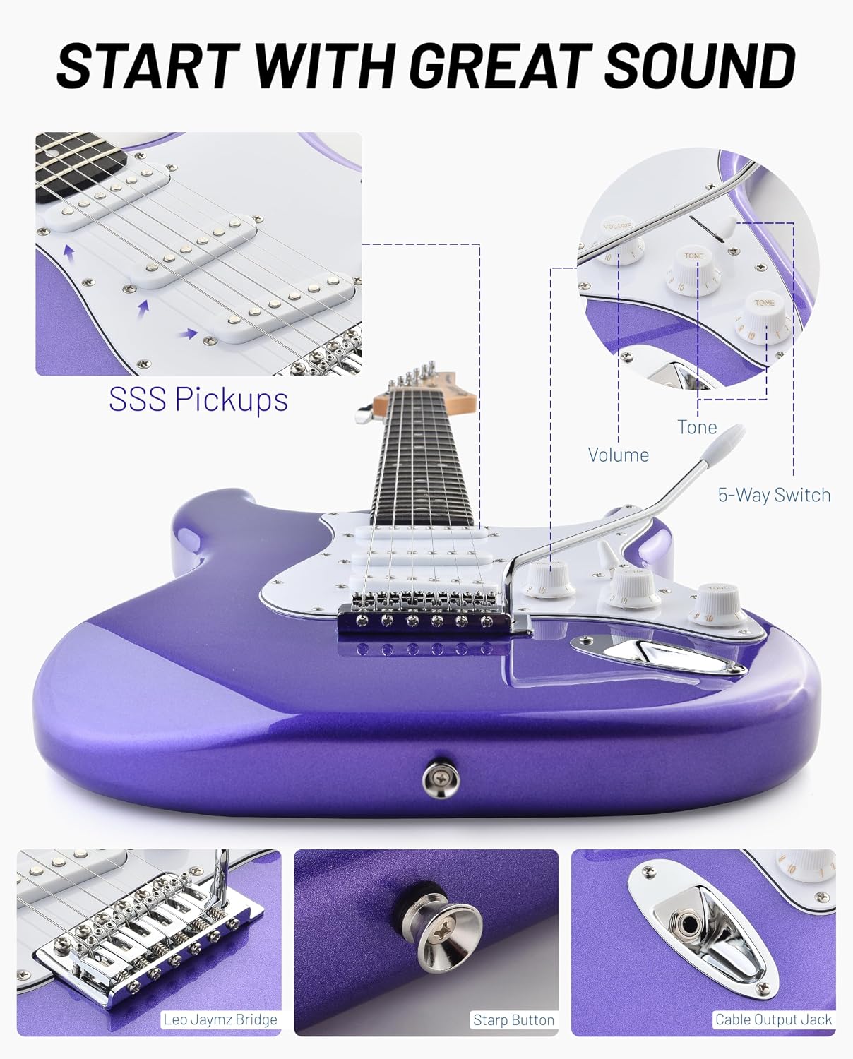 Leo Jaymz Beginner Electric Guitar Complete Kit with Portable Amp, Padded Gig Bag & Full Accessories, Maple Neck SSS Pickups(Purple)