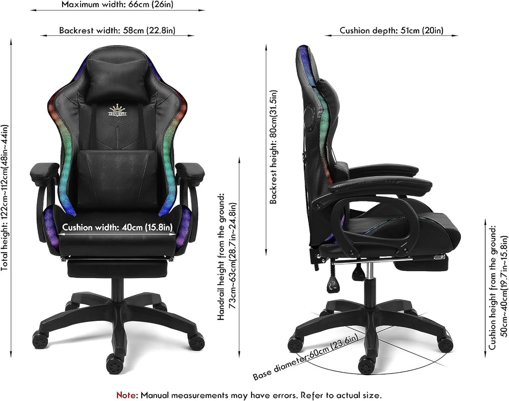 Ergonomic Gaming Chair with Footrest and Lumbar Support, Video Gaming Chair with Speaker and LED Light, Gaming Chair with Full Massage Function, 90°-135° Tilting Computer Chair.,White