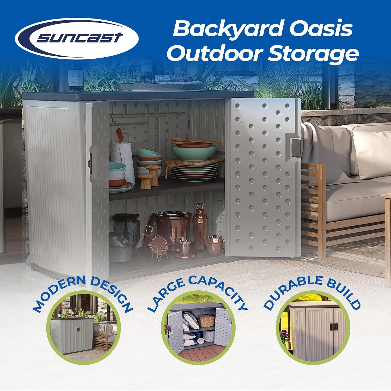 Suncast 130 Gallon Backyard Storage Shed Bundle with 31 Gallon East Oak Waterproof Deck Box for Outdoor Storage