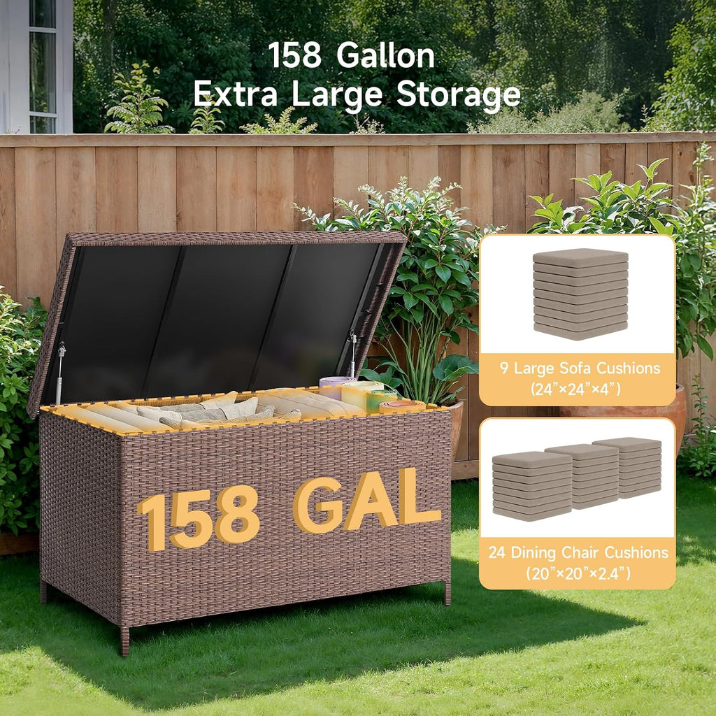 ONBRILL 158 Gallon XL Deck Box with Lid, All Weather Wicker Outdoor Storage Box Waterproof, Large Outdoor Patio Storage Bin for Cushions, Garden Tools, Gears, Brown