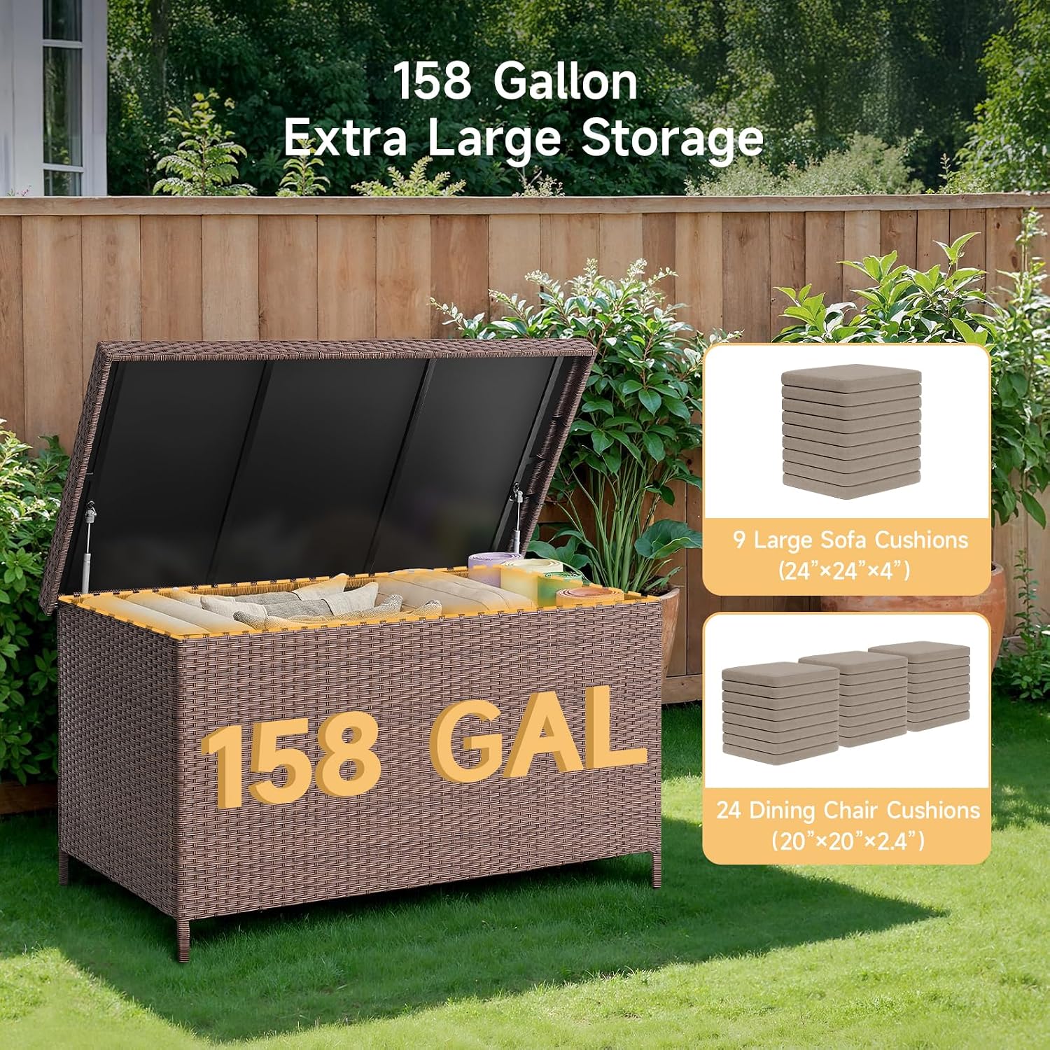 ONBRILL 158 Gallon XL Deck Box with Lid, All Weather Wicker Outdoor Storage Box Waterproof, Large Outdoor Patio Storage Bin for Cushions, Garden Tools, Gears, Brown