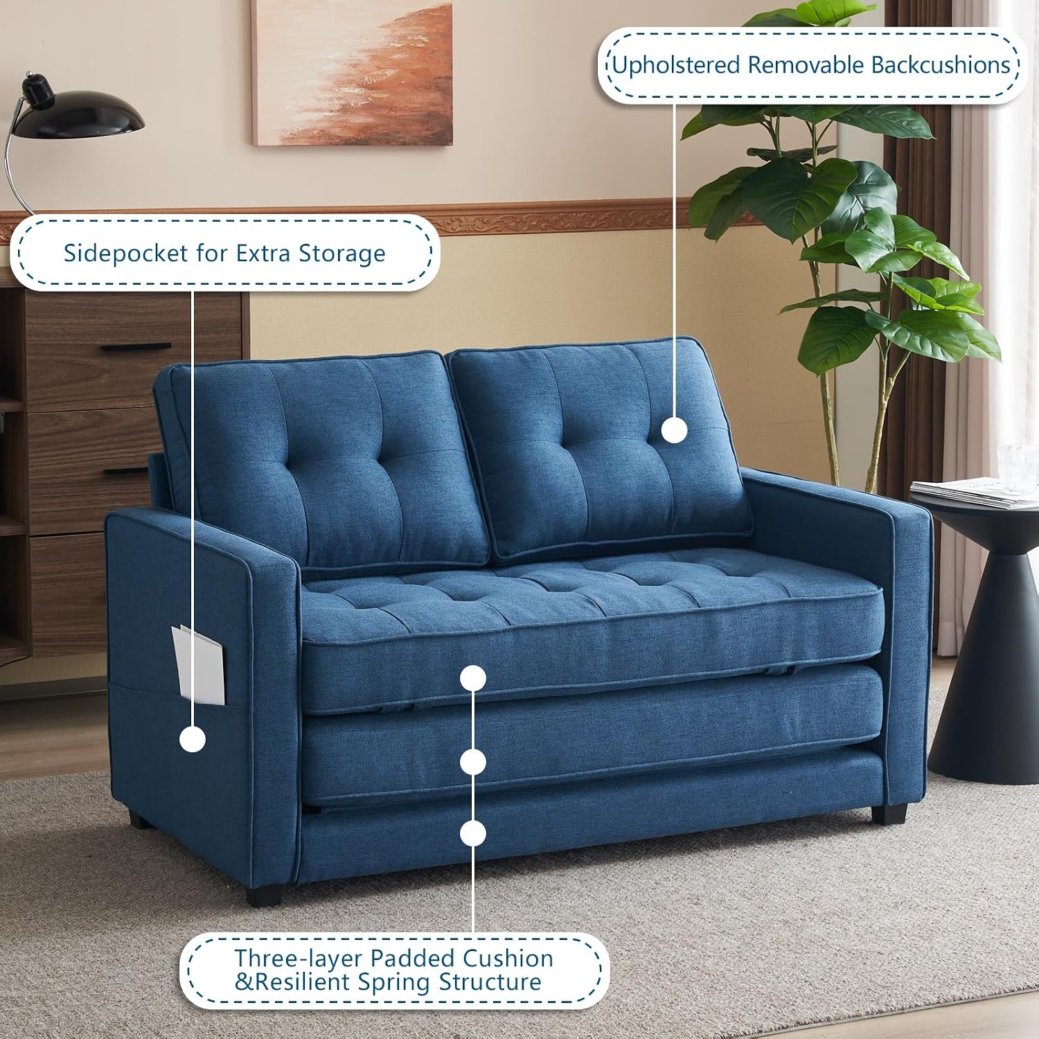 VINGLI Upgraded Loveseat Sleeper, 53.5' W 80' L Convertible Sofa Bed Couch Futon Couches for Living Room, Folding Couch Bed for Small Spaces, Foldable Floor Gaming Sofa Bed for Basement, Navy Blue