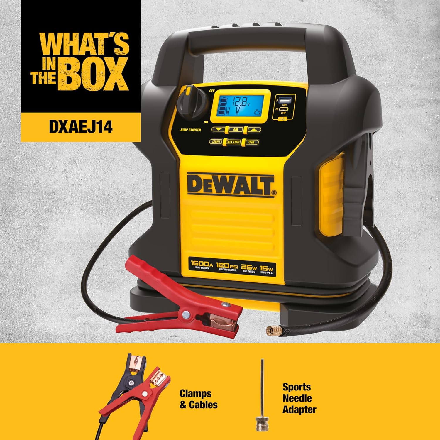 DEWALT DXAEJ14 Digital Portable Power Station Jump Starter - 1600 Peak Amps with 120 PSI Compressor for Tires, Sports Equipment & Bikes, 15W USB-A and 25W USB-C Power
