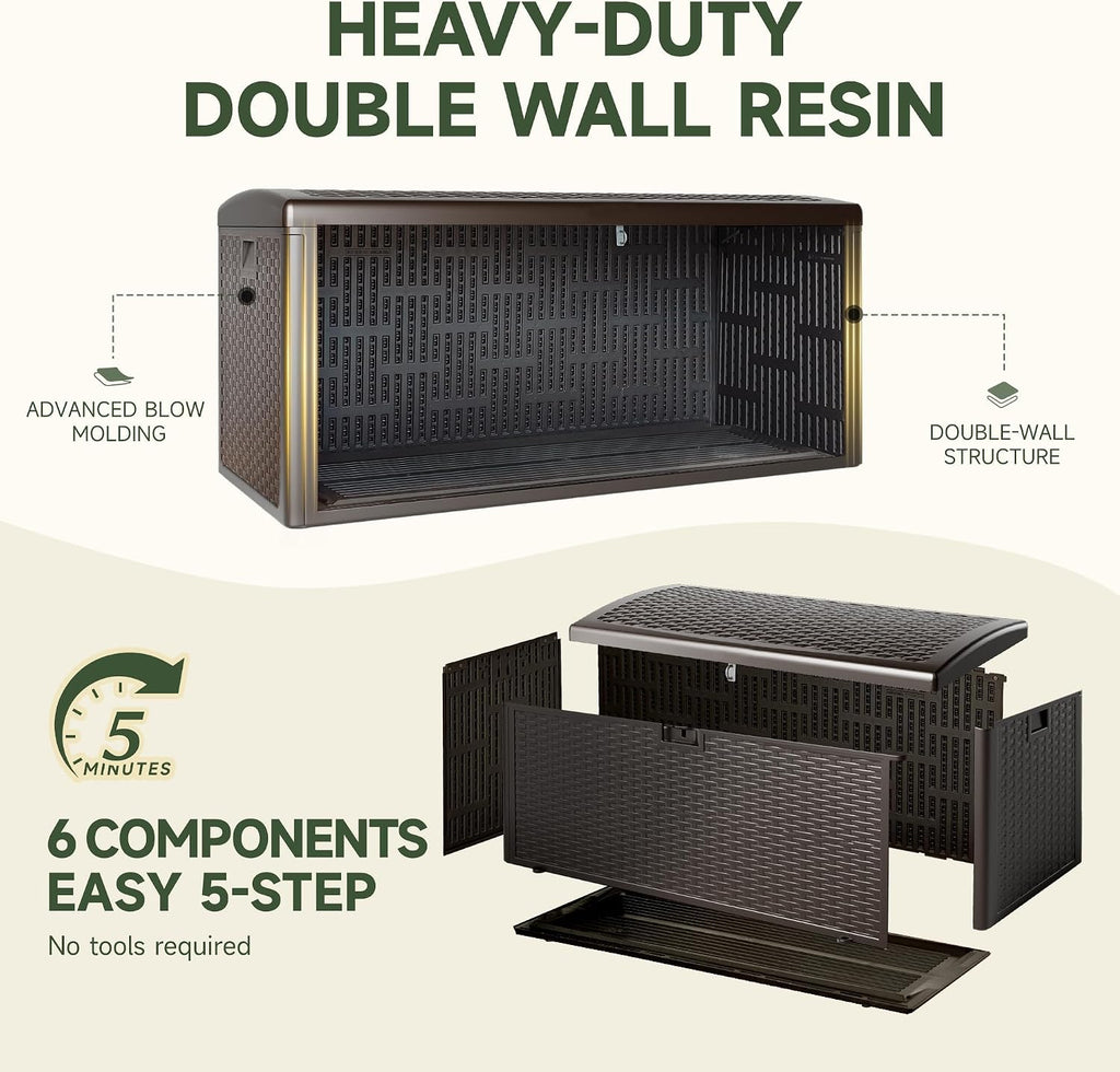 150-Gallon Large Deck Box – Features Lockable, UV-Resistant & Waterproof Double-Layer Resin Construction for All-Weather Outdoor Storage (Brown)