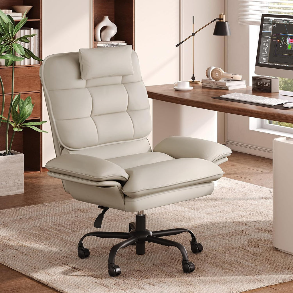 Bestier Cross Legged Office Chair Criss Cross Chair with Adjustable Arms 135° Reclining PU Leather Executive Chair with Wheels Big and Tall Computer Desk Chair for Home Office Beige