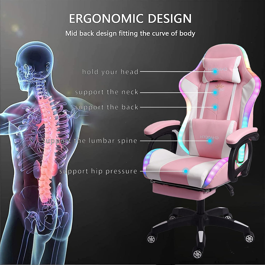 Ergonomic Gaming Chair with Massage and Speaker, Gaming Chair with Footrest Headrest and Lumbar Support, Racing Chair with RGB Lights, Gaming Chair for Kids,Gaming Chair for Adults.,Pink
