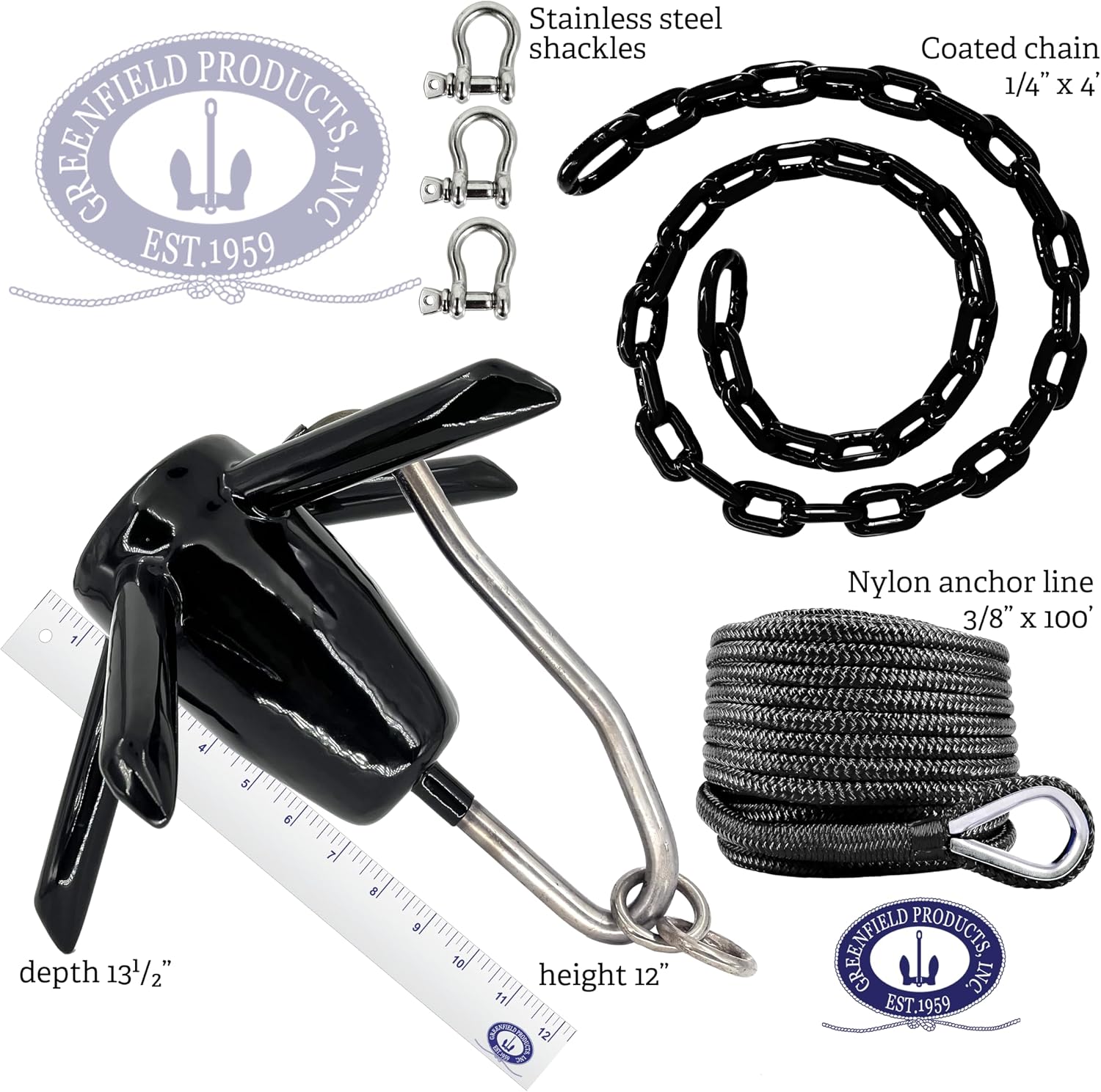 Greenfield Richter Boat Anchor Kit, Professional, Includes Spike River Anchor, 100' Anchor Rope, and Coated Anchor Chain. for Rivers, Lakes, Sand, Mud, and More