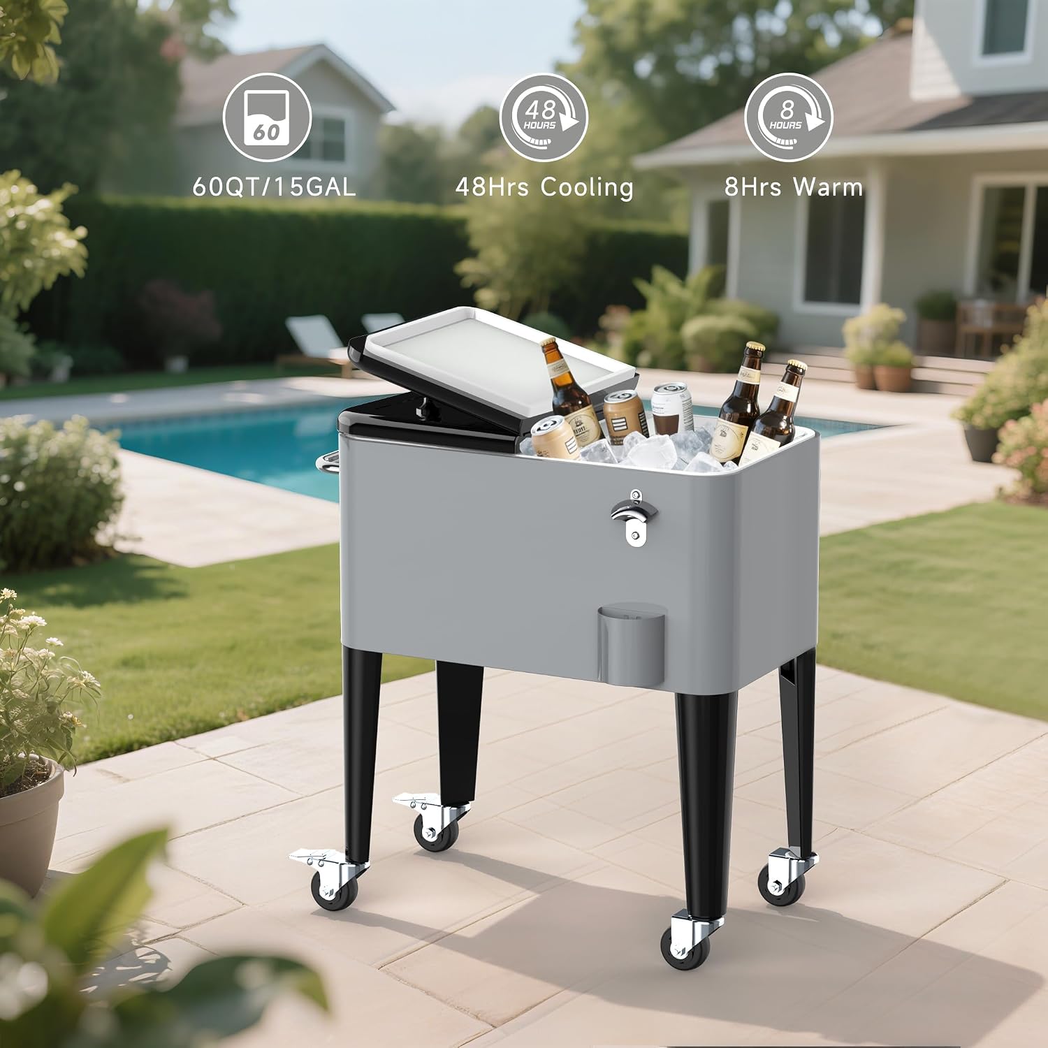 Ice Chest with Wheels, 60 Quart Portable Rolling Cooler with Bottle Opener & Cap Collector & Bottom Storage Tray for Patio Party & BBQ & Beach Activities