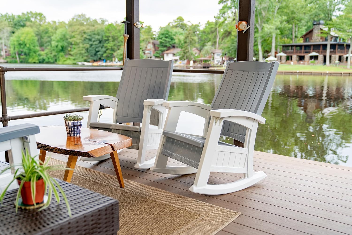 Suncast Outdoor Patio Rocking Chair with Under-Seat Storage, Stylish Faux Wood Outdoor Rocker for Patios, Dove Gray and Ice Cube, Made in The USA