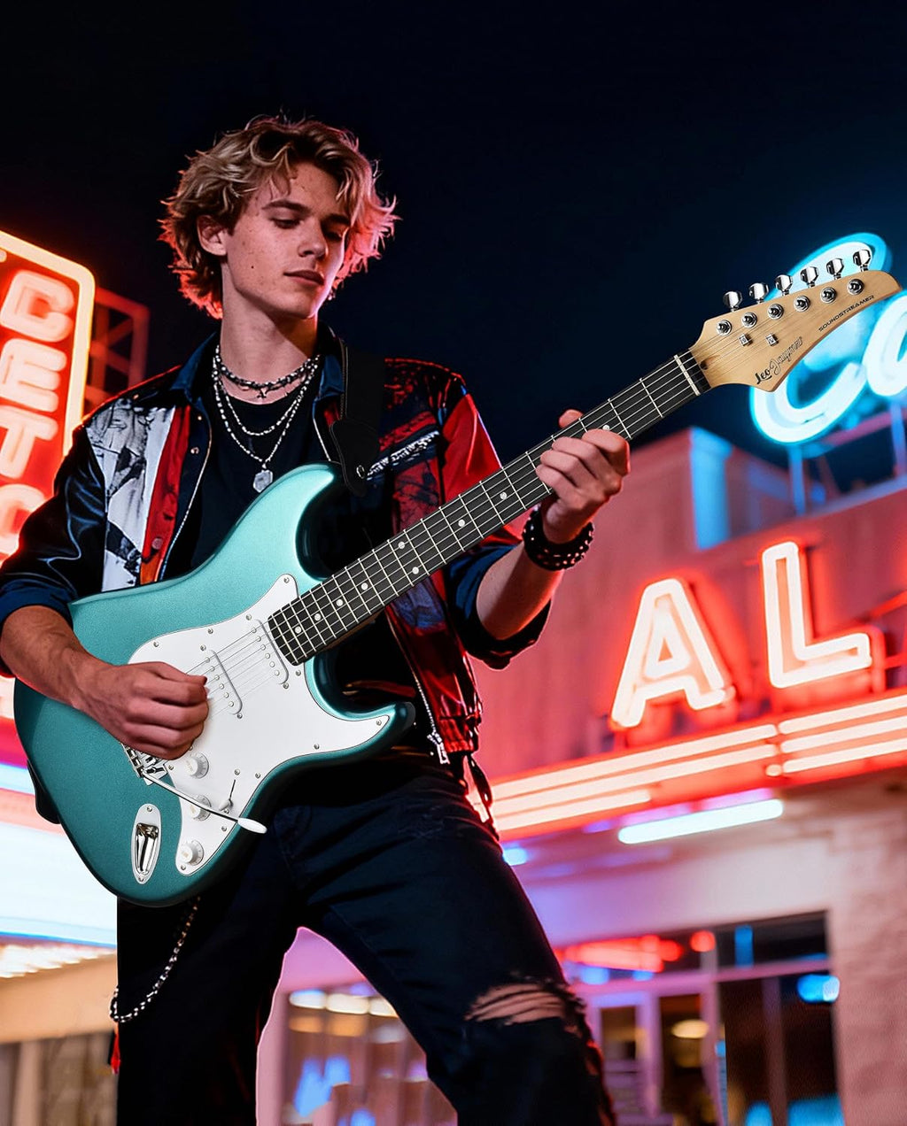 Leo Jaymz Beginner Electric Guitar Complete Kit with Portable Amp, Padded Gig Bag & Full Accessories, Maple Neck SSS Pickups(Teal)
