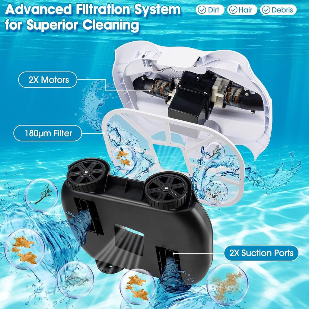 Smart Pool Robot, Above Ground Pool Cleaning Machine, Intelligent Path Planning and Cordless Design, Lasts 130 Minutes, Suitable for Above Ground Pools Up to 1076 Square Feet,White