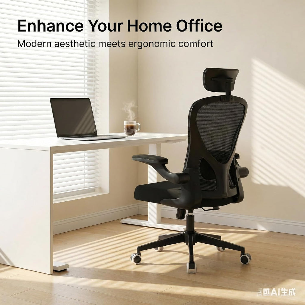 Office Chair with Adjustable Lumbar Support & Flip-Up Armrests -Ergonomic High Back Computer Desk Chair with Thickened Seat Cushion, Rolling Wheels for Home/Office Study Work (02H-Black)