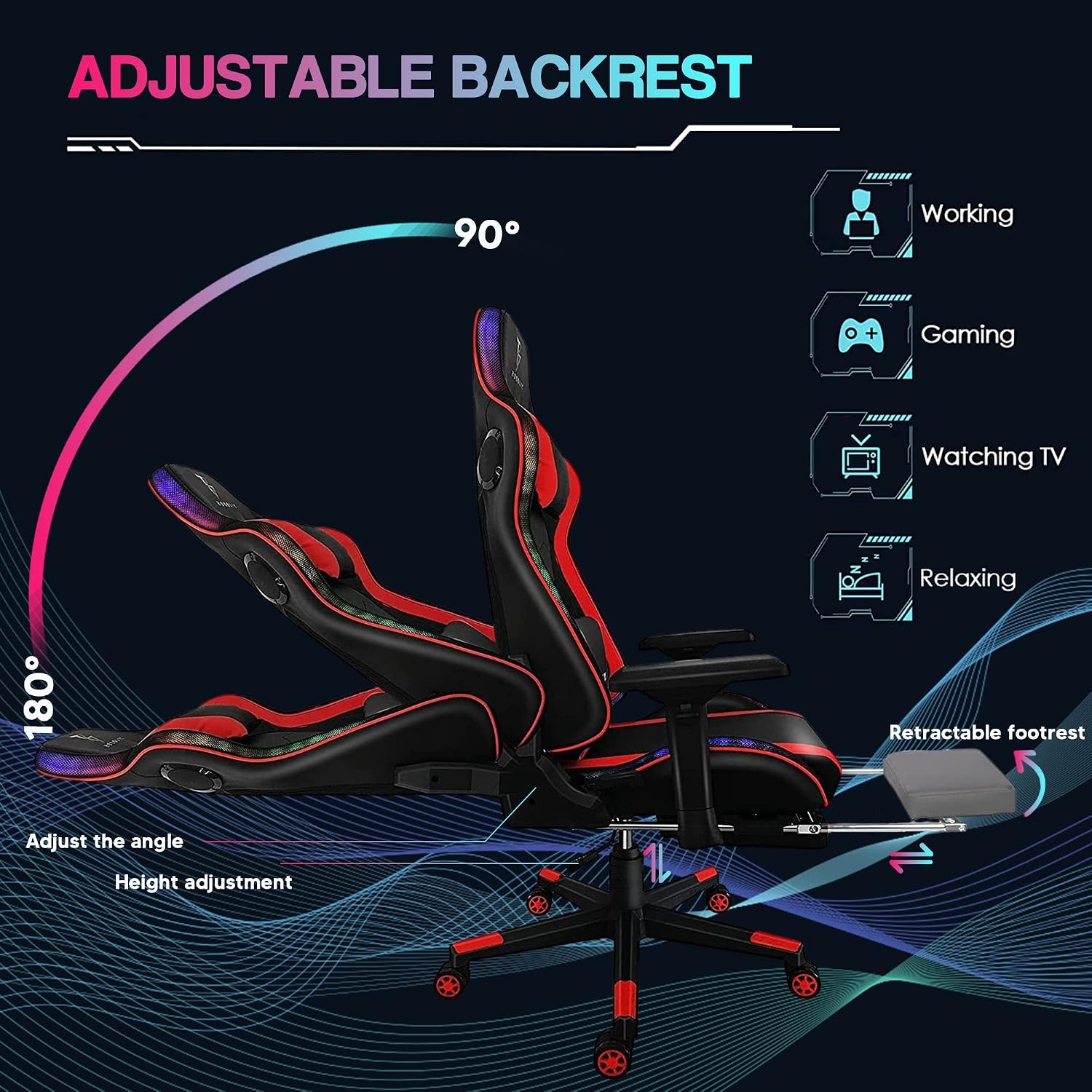 Big and Tall Gaming Chair with Speakers and LED Lights Ergonomic PC Gaming Chair with 7-Point Massage Comfortable Footrest Headrest and Lumbar Support High Back Desk Chair PU Leather,Black