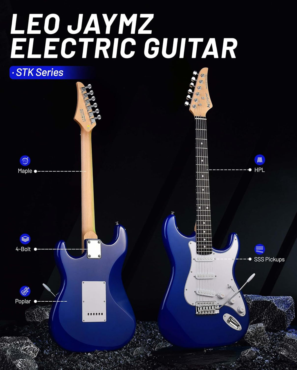 Leo Jaymz Beginner Electric Guitar Complete Kit with Portable Amp, Padded Gig Bag & Full Accessories, Maple Neck SSS Pickups(Royal Blue)